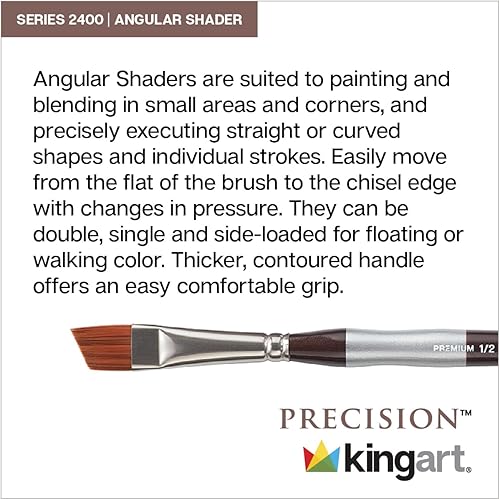 Miniatura 3 de KINGART Premium Precision 2400-18 Angular Shader Series - Cepillo para artista, ámbar sintético Taklon, mango ergonómico corto cómodo, para pintura