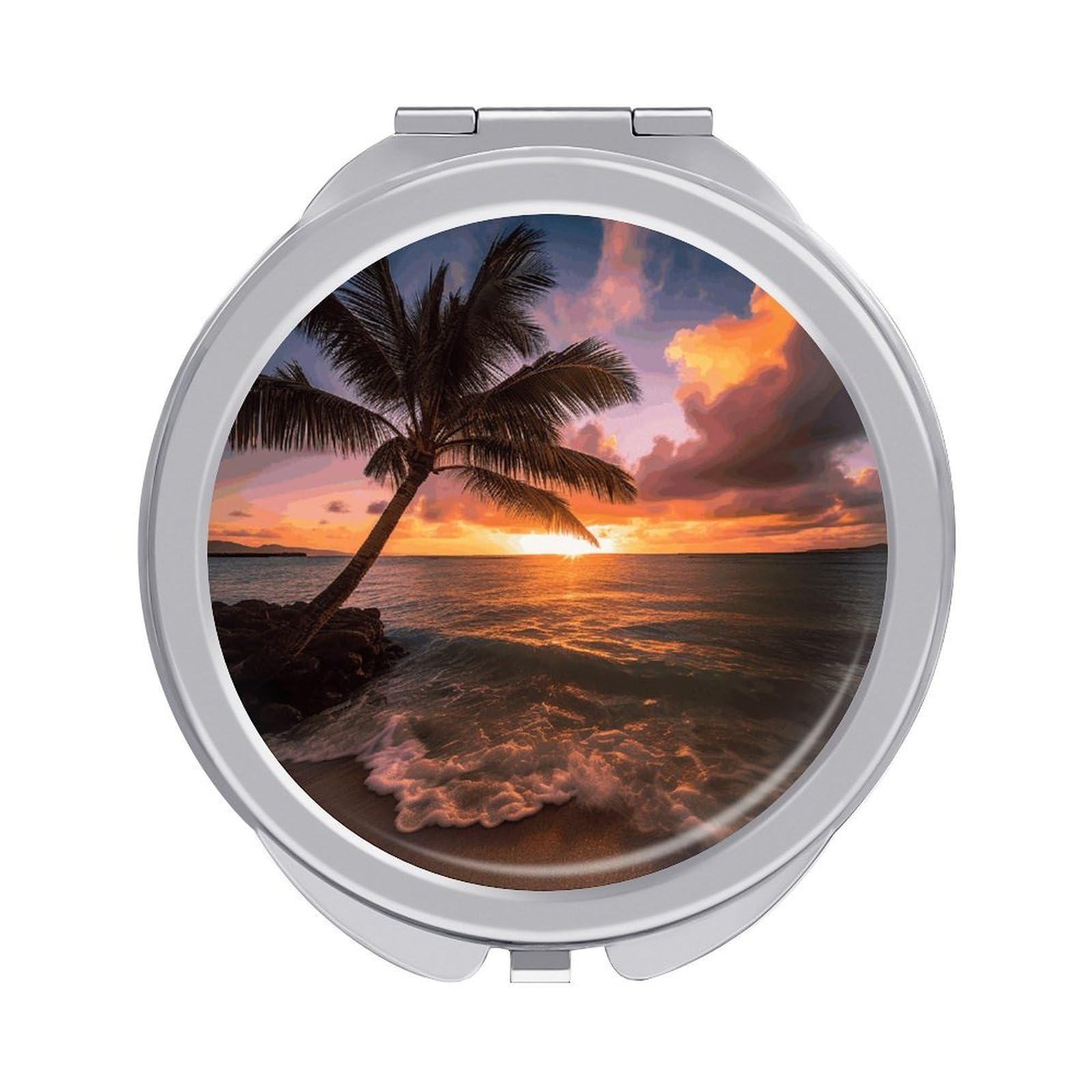 VstaDank Palm Tree Sunset Beach Travel Makeup Mirror Cute Compact Mirror for Women 1X/2X Magnifying Metal Pocket Makeup Mirrors Folding Round Makeup Mirrors for Handbag Wallet & Gift