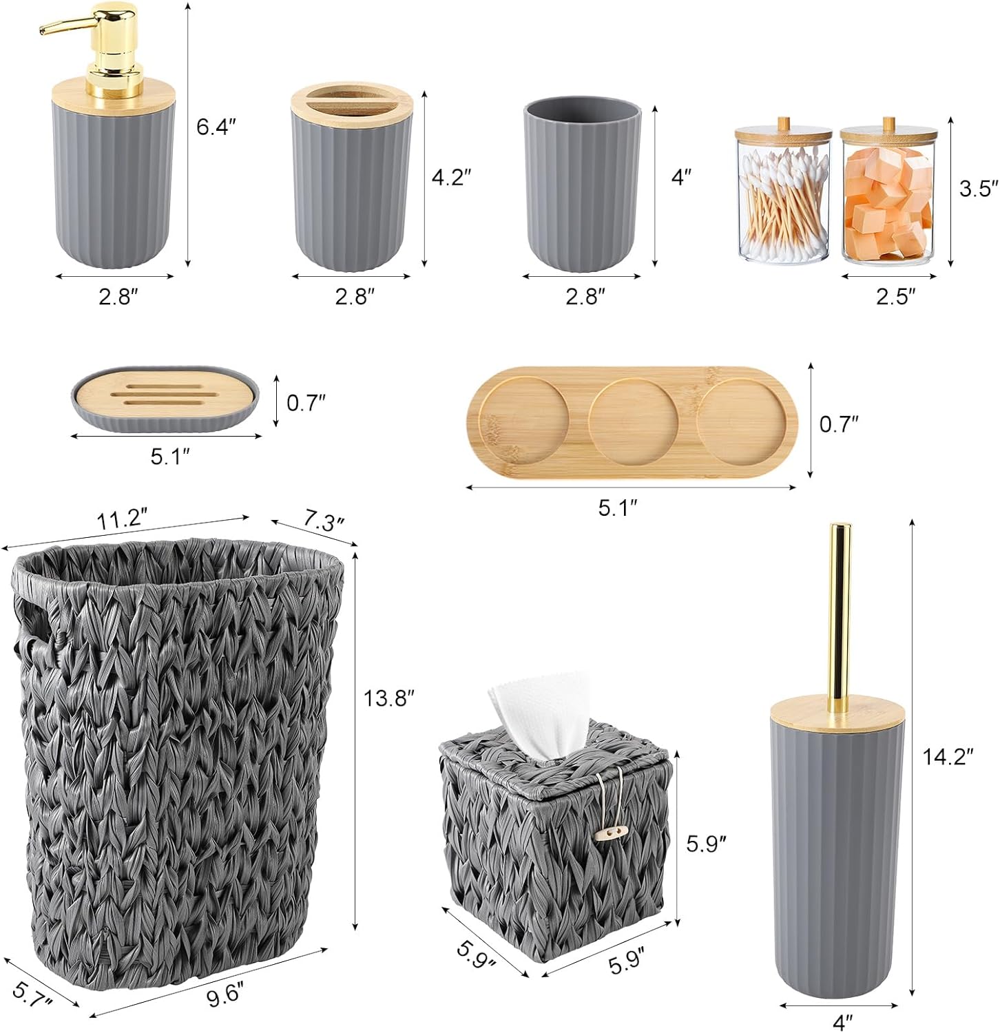 Bathroom Accessory Set, 10 Pieces Bath Set- Wicker Trash Can Tissue Box Soap Dish Toothbrush Holder Rinse Cup Lotion Bottle Toilet Brush Qtip Holder - Practical Bathroom Decor Sets (Grey, Bath Set)