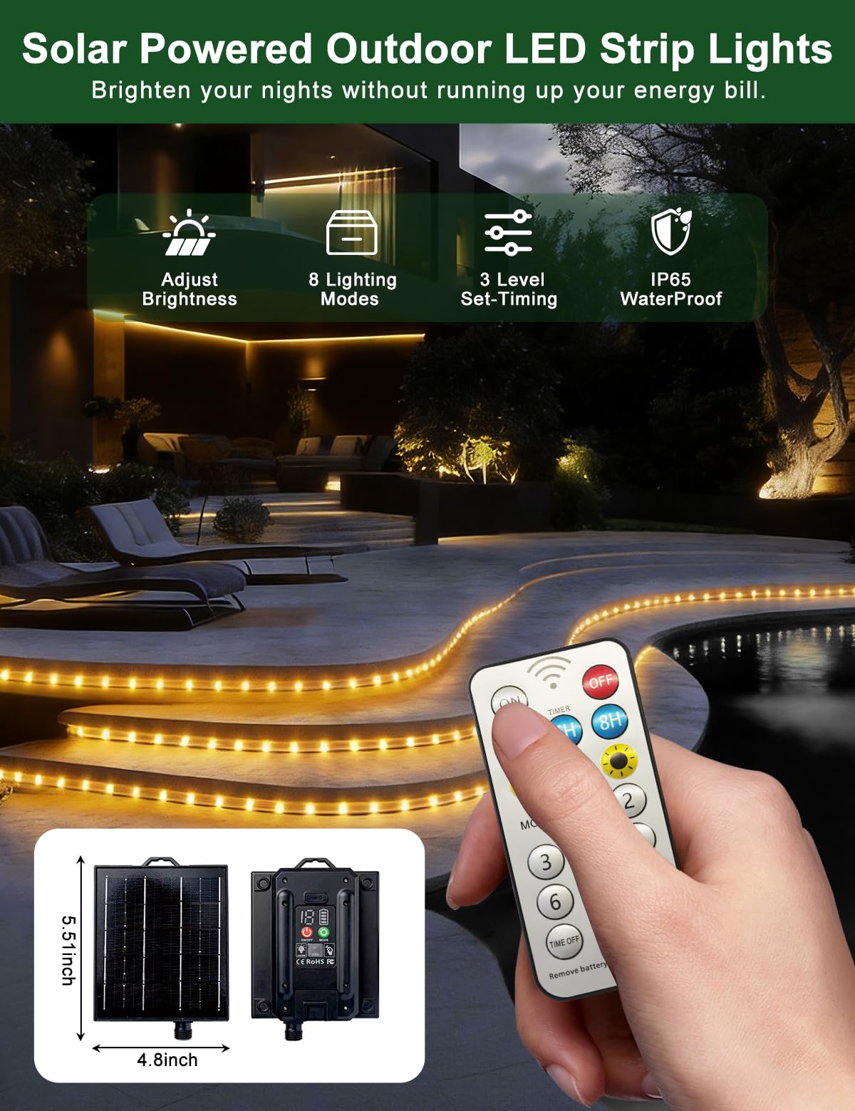 Tira LED solar para exteriores, 20 m, blanco cálido, 8 modos, IP65, resistente al agua, flexible cadena de luces LED para jardín, terraza, balcón, cenador, camino, decoración de aleros o valla