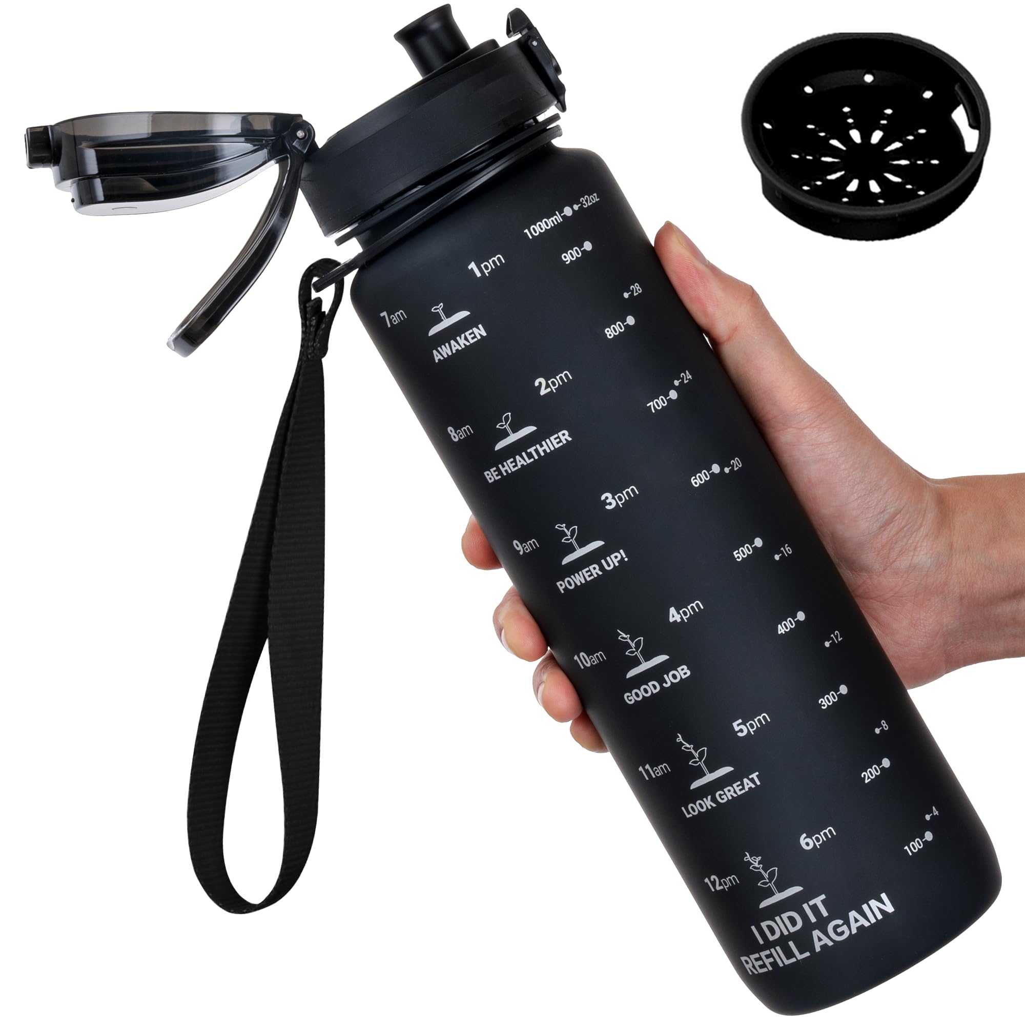 GOPPUS 1L/32oz Tritan Water Bottle (No Straw)-Soft Matte Finish Drink Bottle with Measurements Bottles with Lockable Flip Top Motivational Bottles with Time Marks for Adults BPA Free (Black)