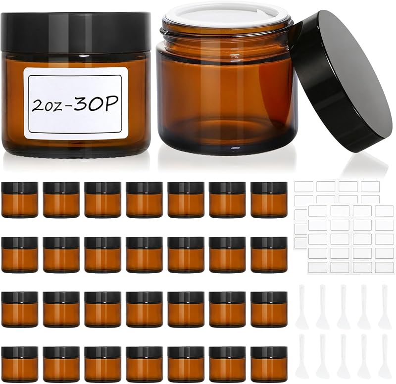AstrivixDD Frascos de Vidro Âmbar com Tampa, 30 Unidades de 60 mL, com 60 Etiquetas e 10 Espátulas