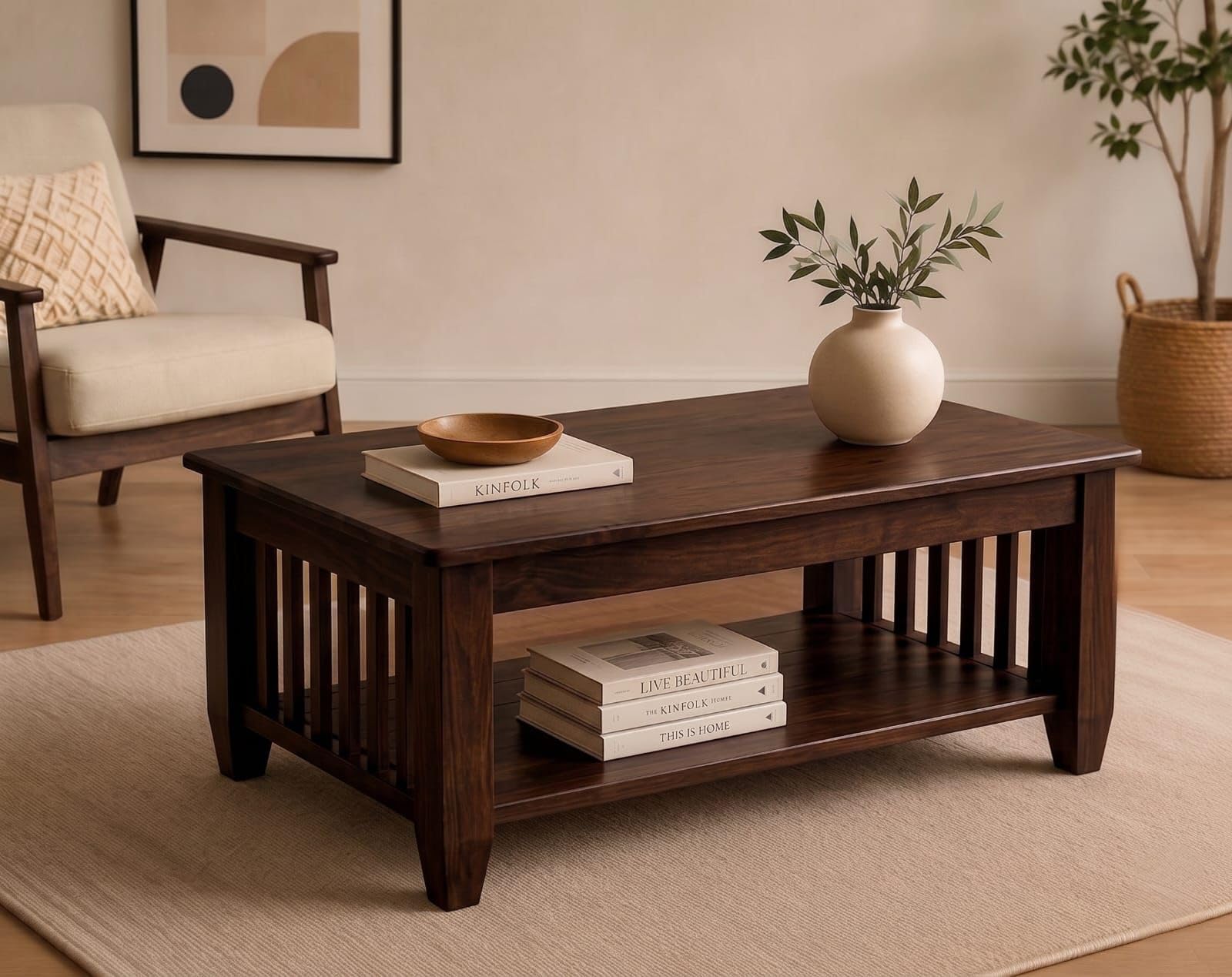 AASALIYA Wooden Center Coffee Table with Storage | Solid Sheesham Wood Centre Table for Living Room, Drawing Room & Office | Walnut Finish-image-42