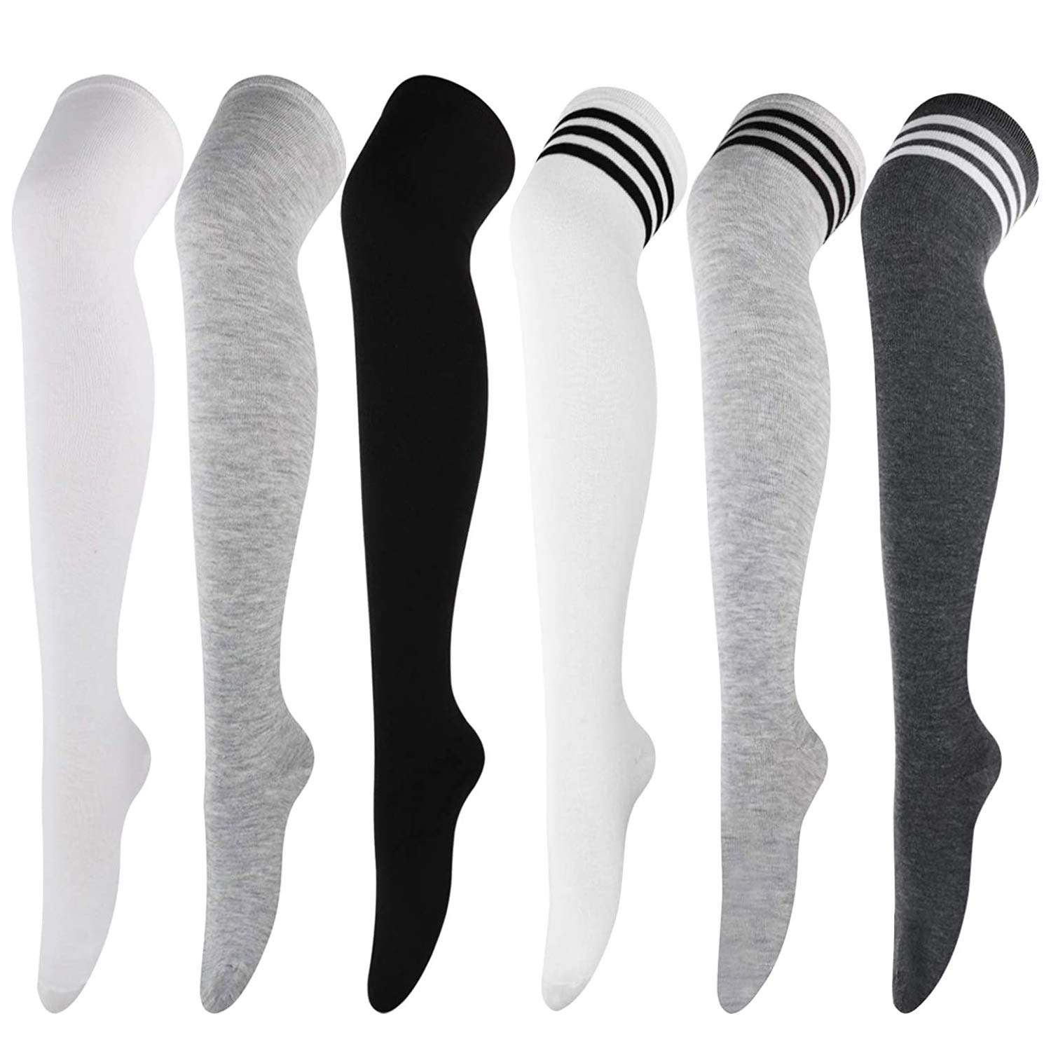 DRESHOW 6 Pairs Long Socks Thigh High Socks Tights Over Knee Socks Casual High Stockings for Girls and Women