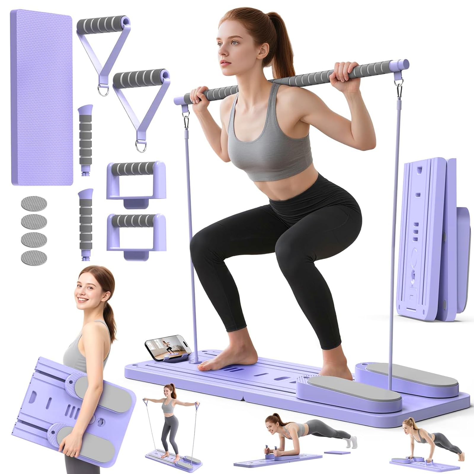 Pilates Board Für Zuhause(inkl. 5er-Set Widerstandsbänder) Faltbares Multifunktionales Reformer Board, Extra Stabile Konstruktion Mit Automatischem Rückprall, für Kern- und Bauchmuskeltraining