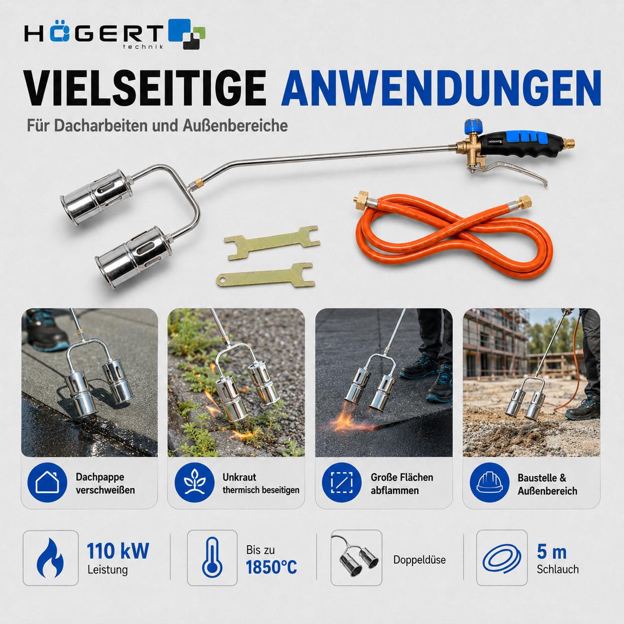 Högert Technik Zestaw palników dachowych z podwójną dyszą HT2C513, palnik gazowy 110 kW, do 1850 C, 100 cm lanca palnika, w zestawie wąż 5 m, do usuwania chwastów papy dachowej