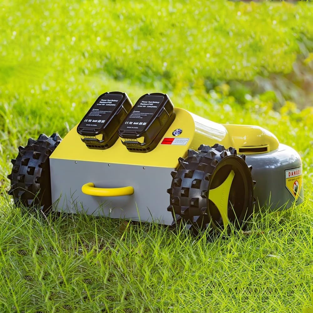 Cordless Remote Control Lawn Mower – Self-Propelled Electric Lawn Mower with Dual 3Ah Batteries, Remote Control, Adjustable 2“–3” Cutting Height & All-Wheel Traction for 45° Slopes
