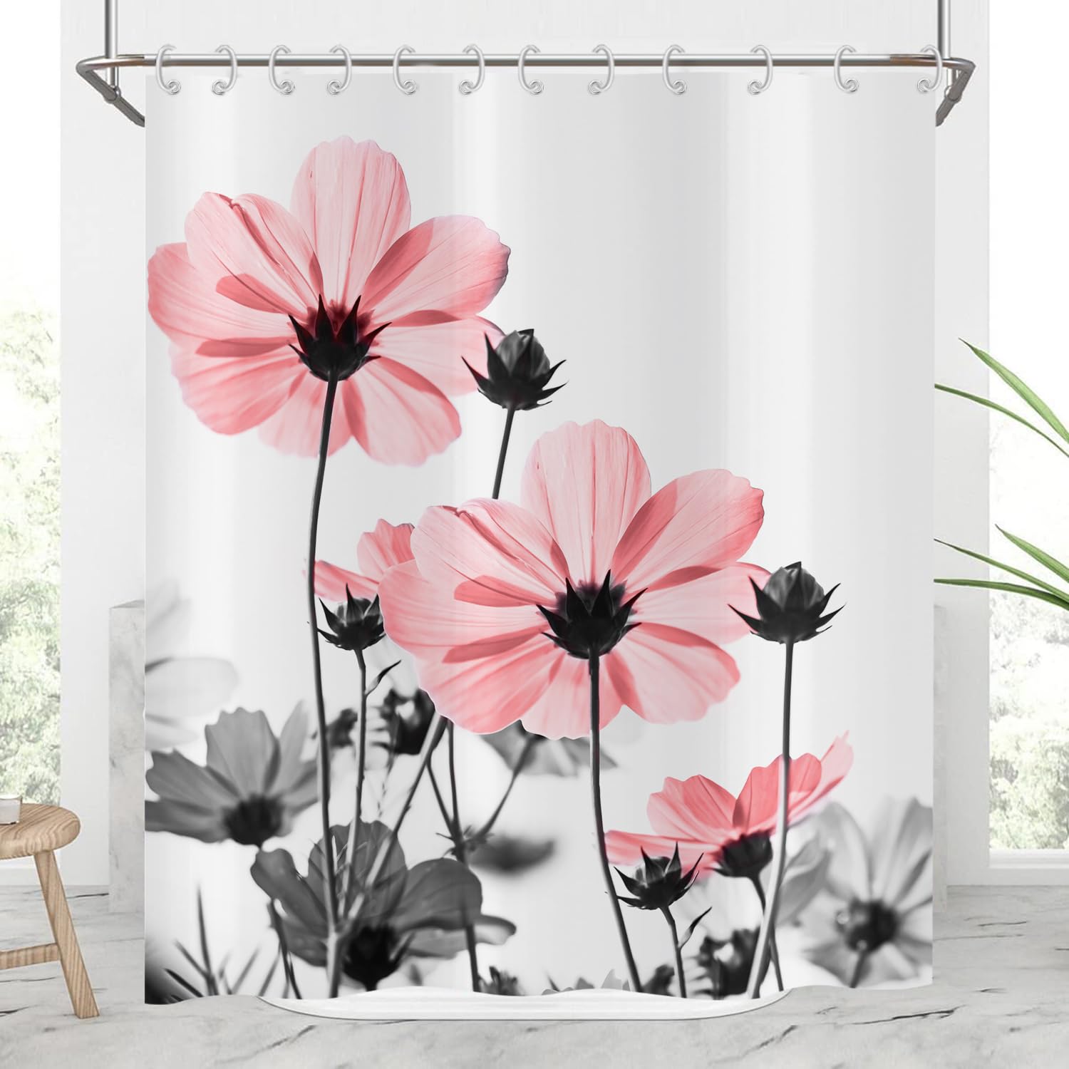 Hnmdmyi Floral Shower Curtain 120x180, Pink and Grey Daisy Flower Elegant Wildflower Design Farmhouse Bathroom Curtains with Hooks Waterproof Polyester Fabric Washable Bath Curtains for Wet Room