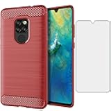 Asuwish Phone Case for Huawei Mate 20 with Tempered Glass Screen Protector Cover and Cell Accessories Soft TPU Full Body Protective Huwai Hwauei Hawaii Mate20 P20 Carbon Fiber Women Men Red