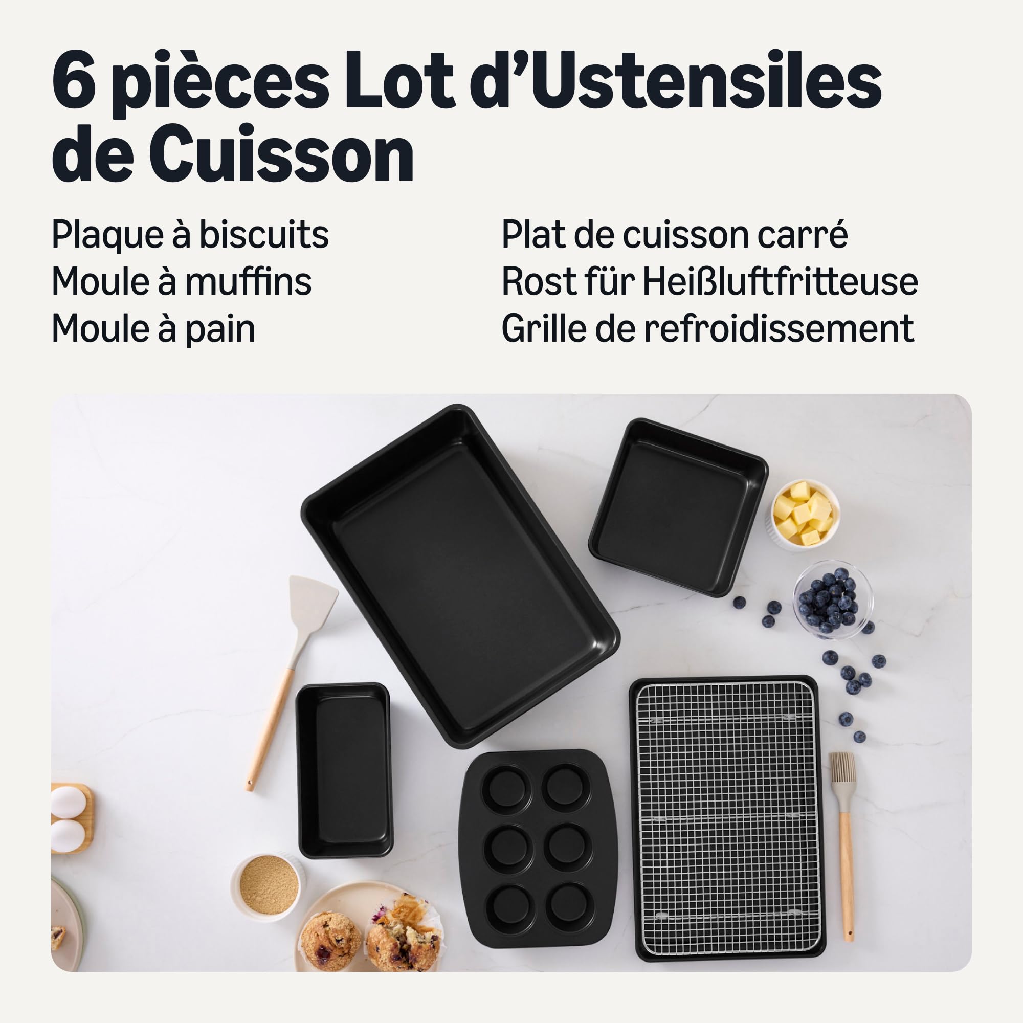 Amazon Basics Lot de 6 Ustensiles de Cuisson Antiadhésifs Empilables, Passent au Lave-Vaisselle et au Four