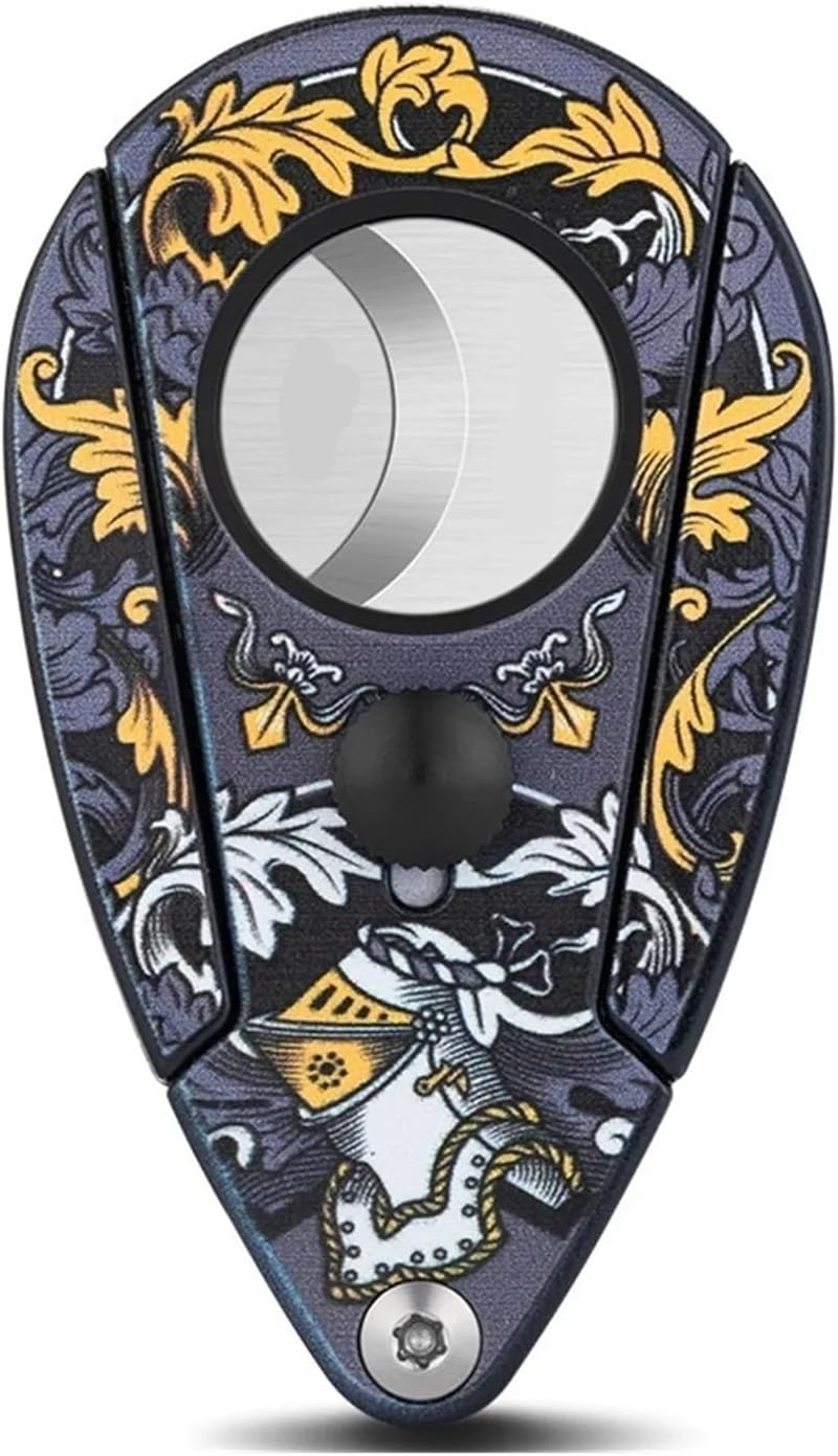 Stainless Steel Cigar Cutter, Professional Precision Double Blade Guillotine, Water-Drop Silhouette Handheld Clipper, Patterned Artistic Metal Accessory(E)