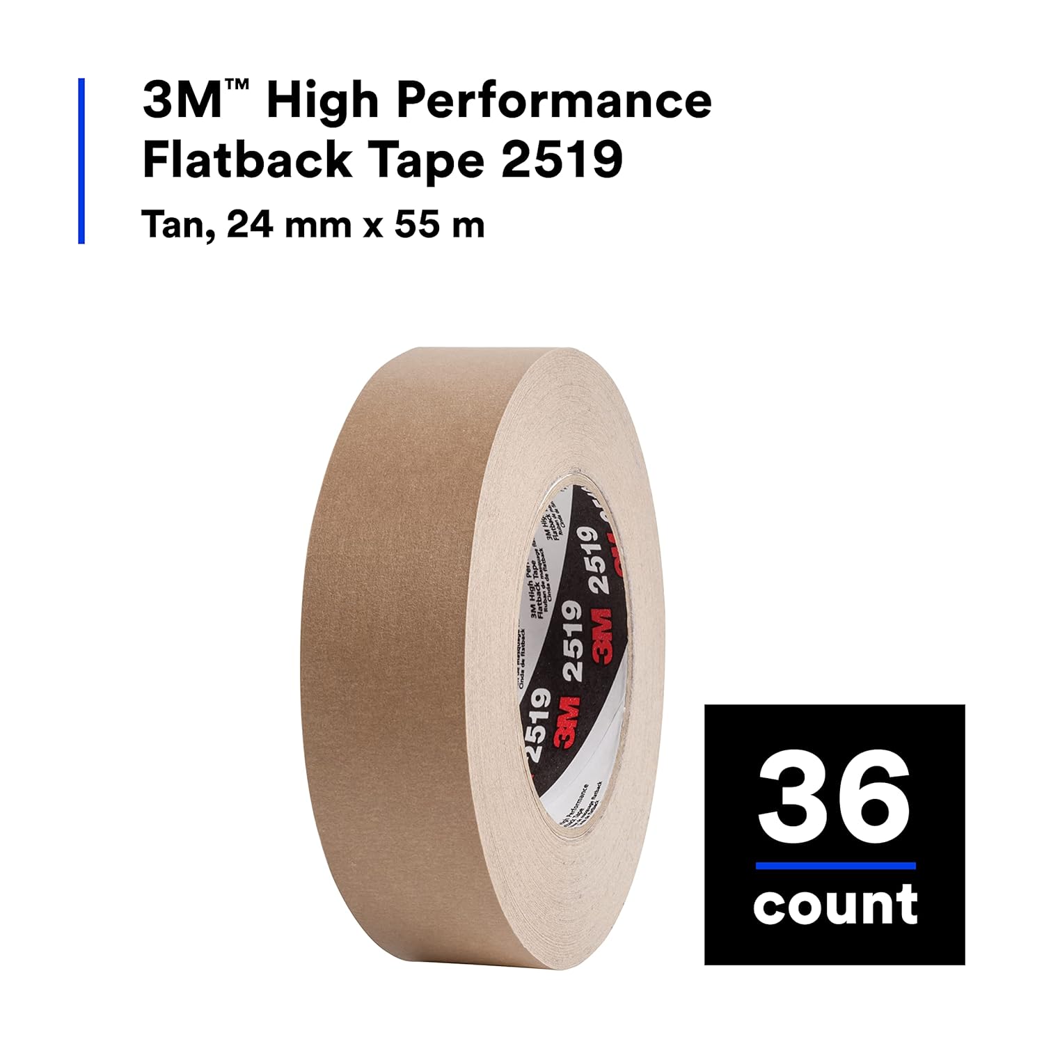 3M High Performance Flatback Tape 2519, Tan Color, General Purpose, High Temperature, Kraft Paper Backing, Moisture Resistant, Hand Tearable, 48 mm x 110 m, 7.1 mil, 24/Case