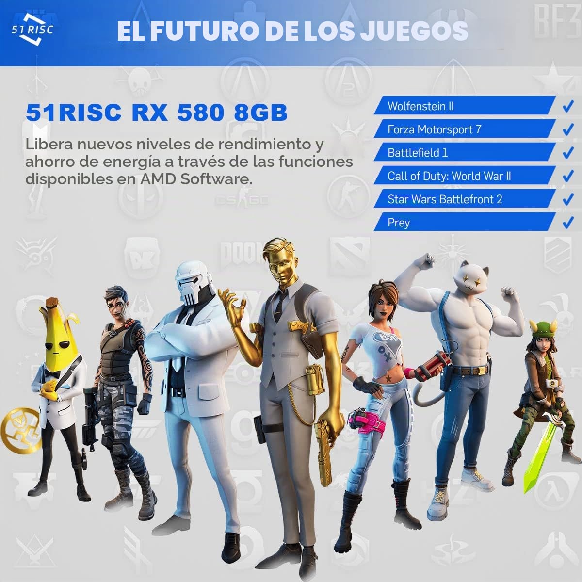 51RISC Tarjeta gráfica Radeon RX 580 de 8 GB, GDDR5 256bit 2048SP VR Ready DisplayPort HDMI tarjeta de video para juegos (RX 580 8GB)