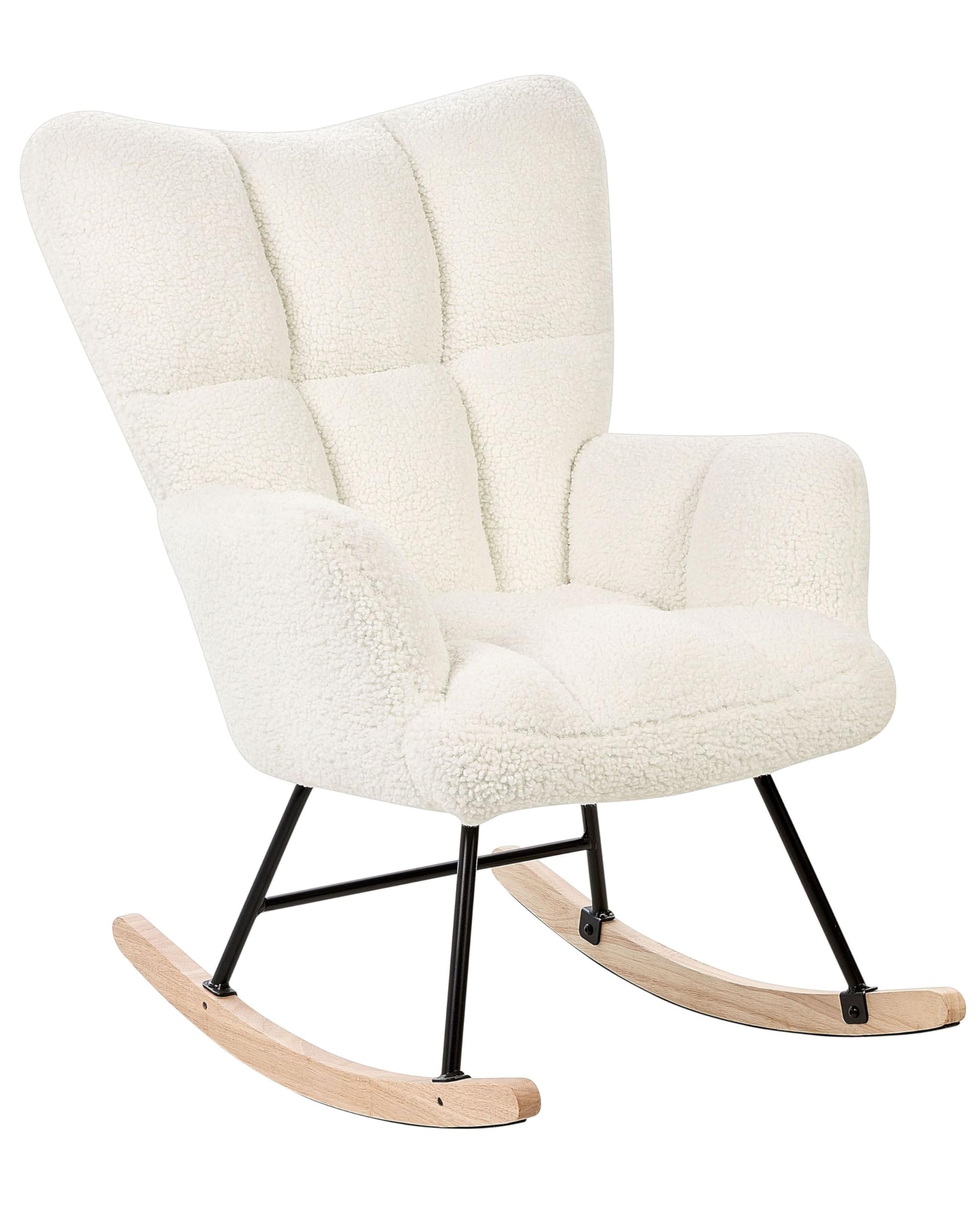 Fauteuil à Bascule Moderne en Tissu Boucle Blanc et Pieds en Bois Oulu