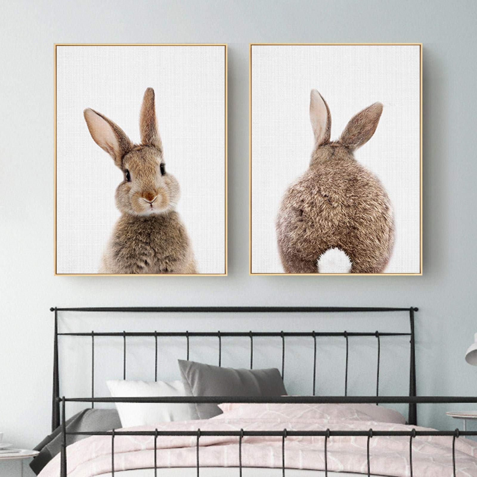 Conejito cola de conejo arte de la pared cartel de animales del bosque pintura en lienzo impresión infantil imagen para niños decoración de la habitación del bebé 30x45cm (12x18 pulgadas) x2 con marco