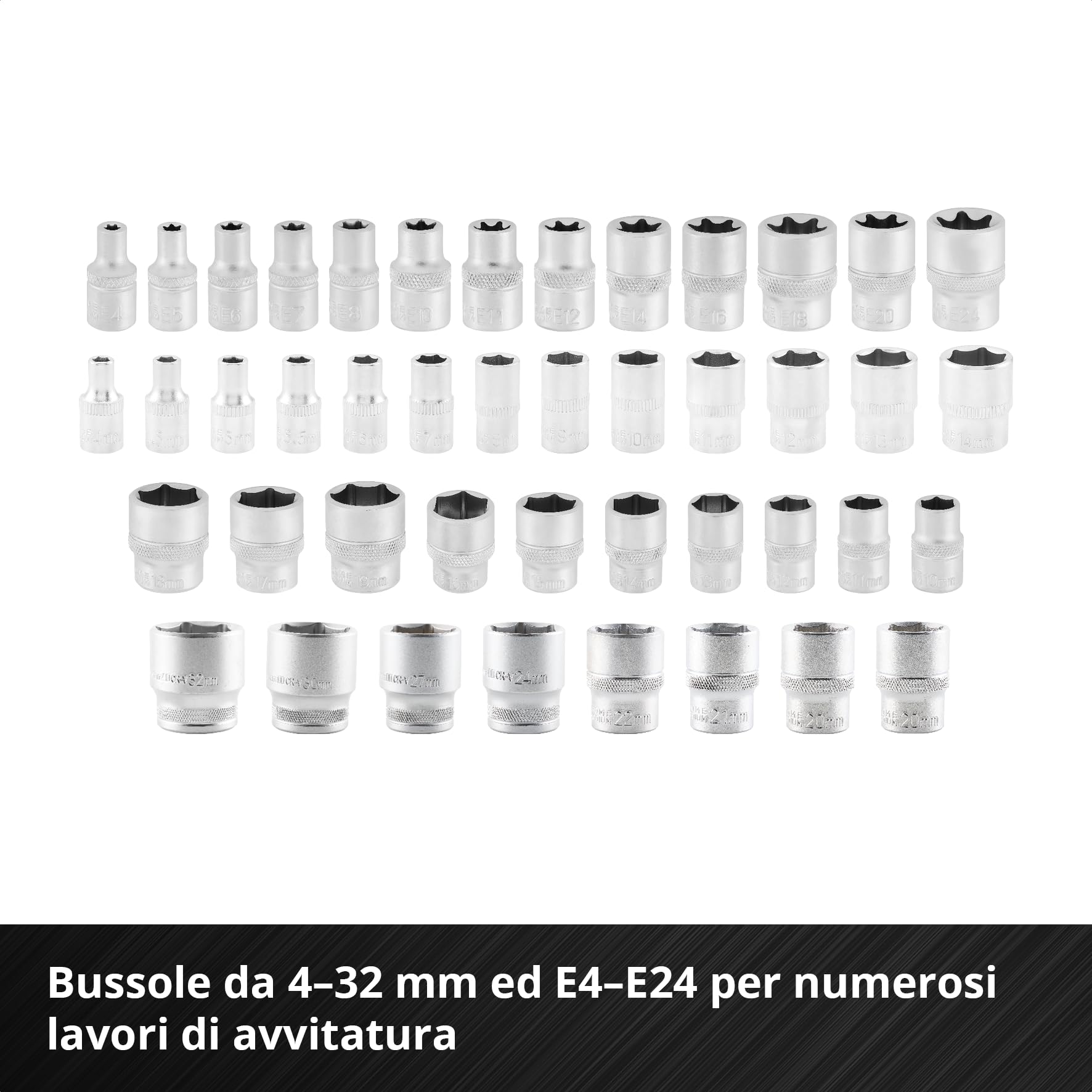 Einhell 110 pezzi set di bussole e cricchetto | Set di bussole | cricchetti | assortimento di inserti | impugnatura per cacciavite | chiavi esagonali | valigetta inclusa