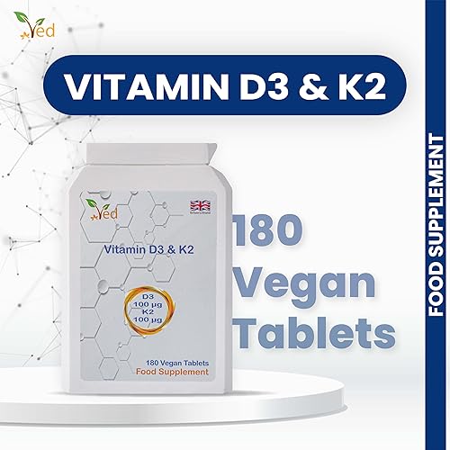 Vista 2 de Ved Vitamina D3 K2,100 mcg de vitamina D3 y 100 mcg de vitamina K2, fuerza máxima 2 en 1 apoyo inmunológico, vegano y sin gluten, 180 tabletas