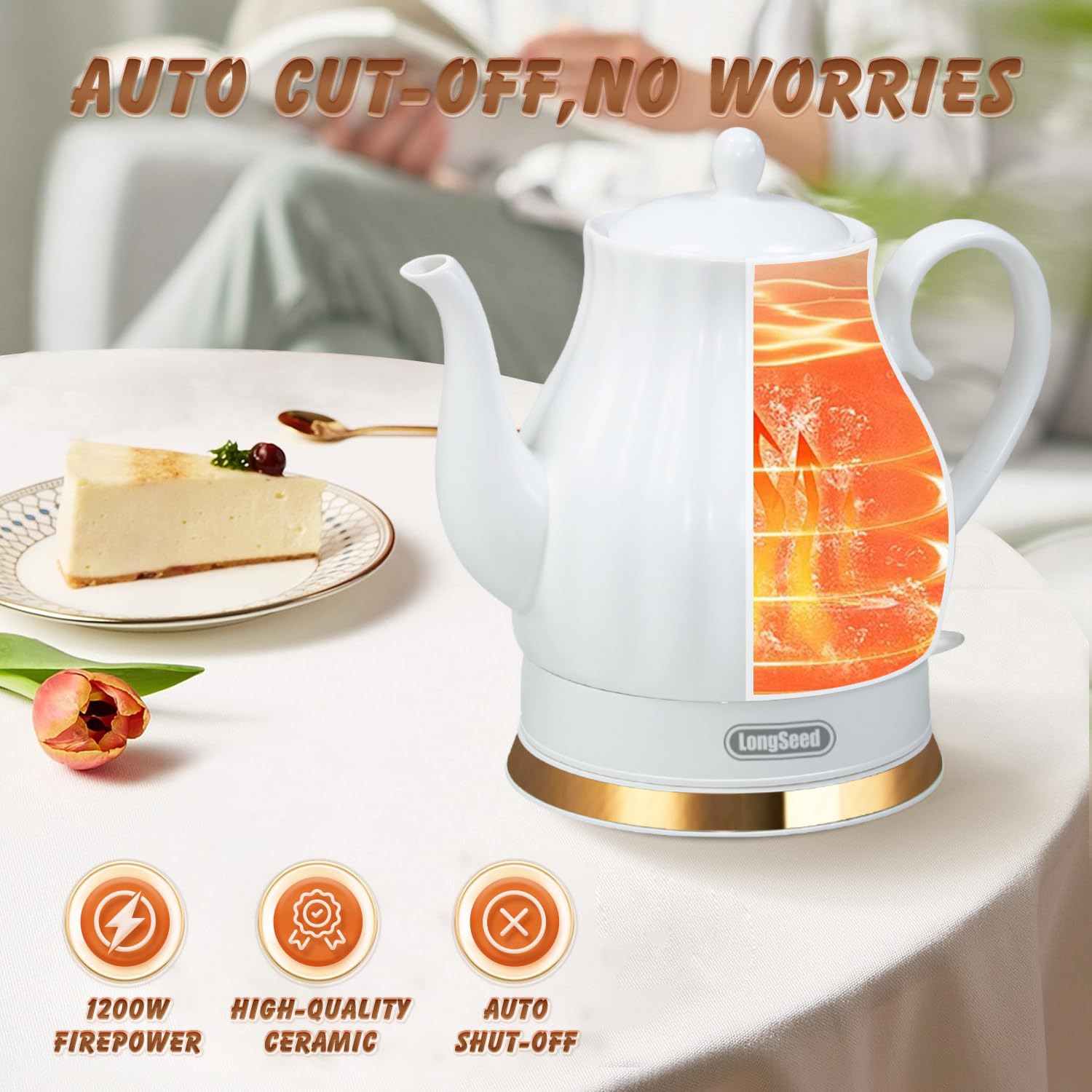 Ceramic Electric Kettle, 1.5 Liters/1200W Electric Tea Kettle, Heats Water Quickly, Automatic Shut - off, Boil - Dry Protection, Free Of BPA, Matte White