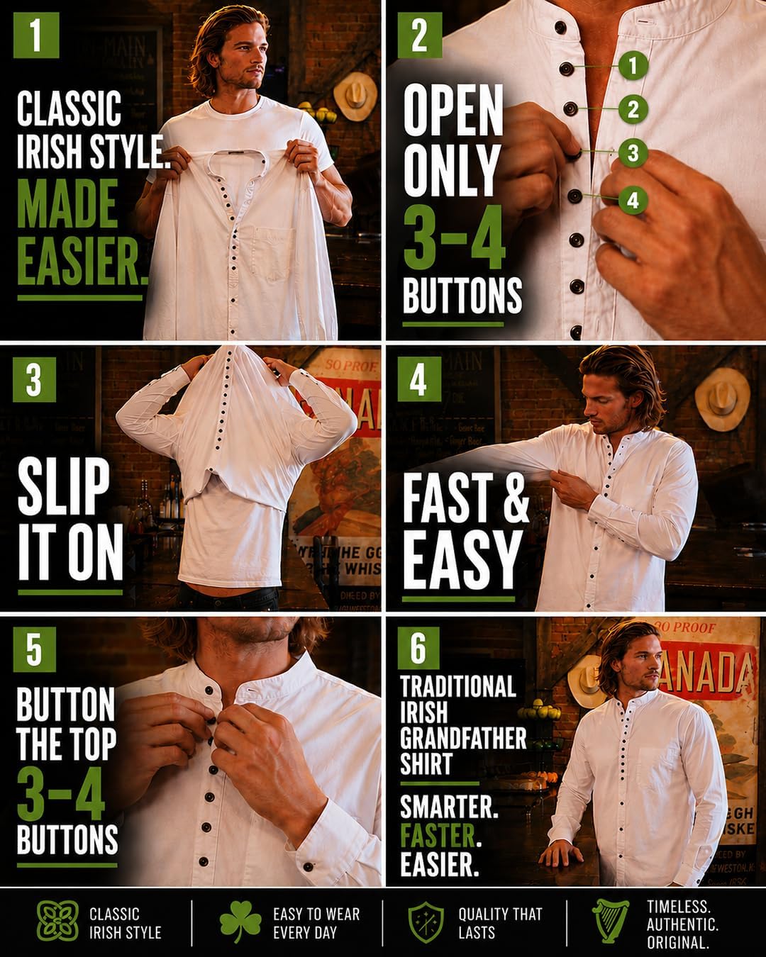 The Celtic Ranch Collarless Shirt for Men, Irish Grandfather Cotton Linen Long Sleeve Button Down Banded Collar Dress Shirt