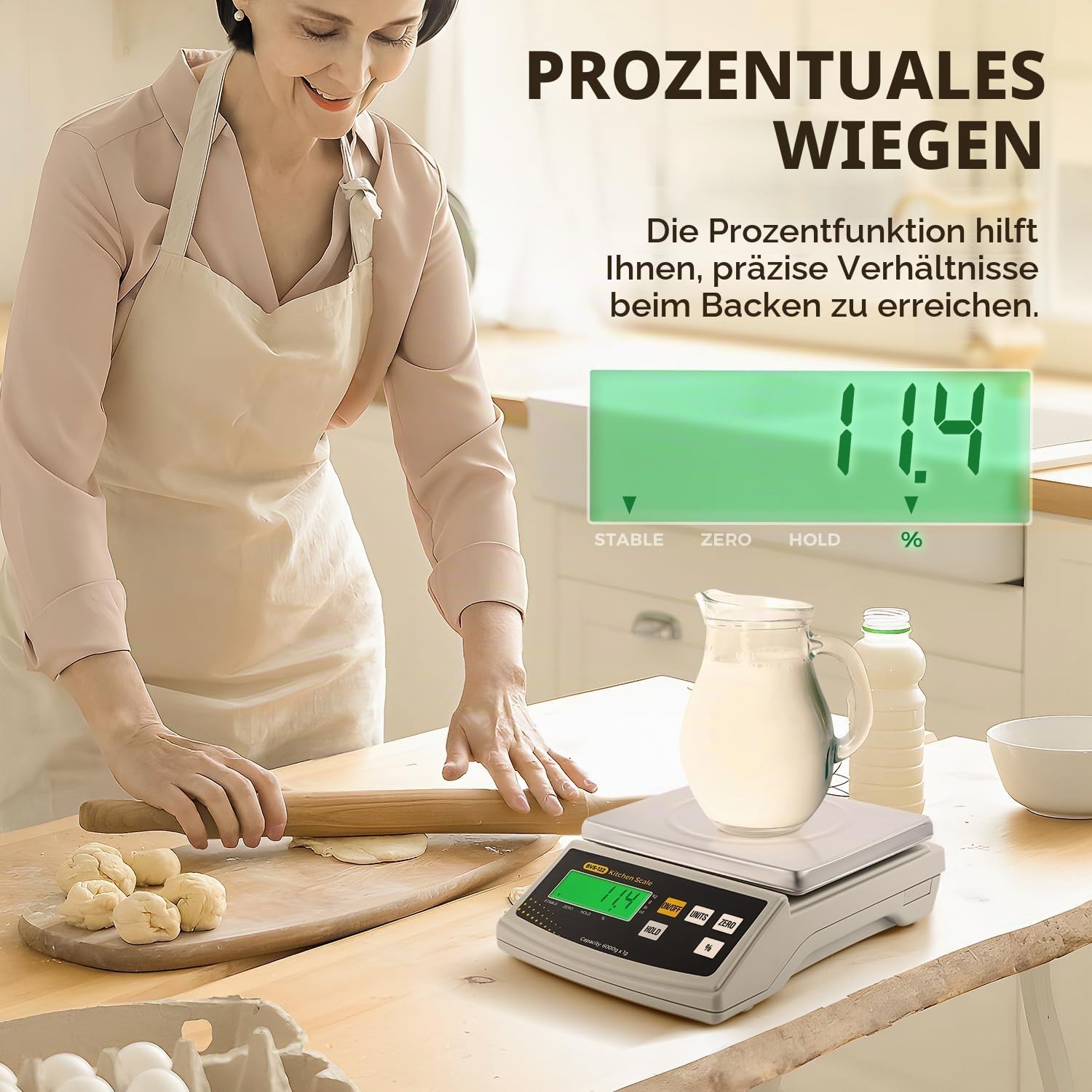 Bonvoisin 6 kg/2 g Große Digitale Küchenwaage, mit g/oz, Prozentfunktion | Hochpräzise Bäckereiwaage mit Wiegeplatte aus Rostfreiem Stahl. zum Backen, Kerzen und Seifen, inkl. Batterien