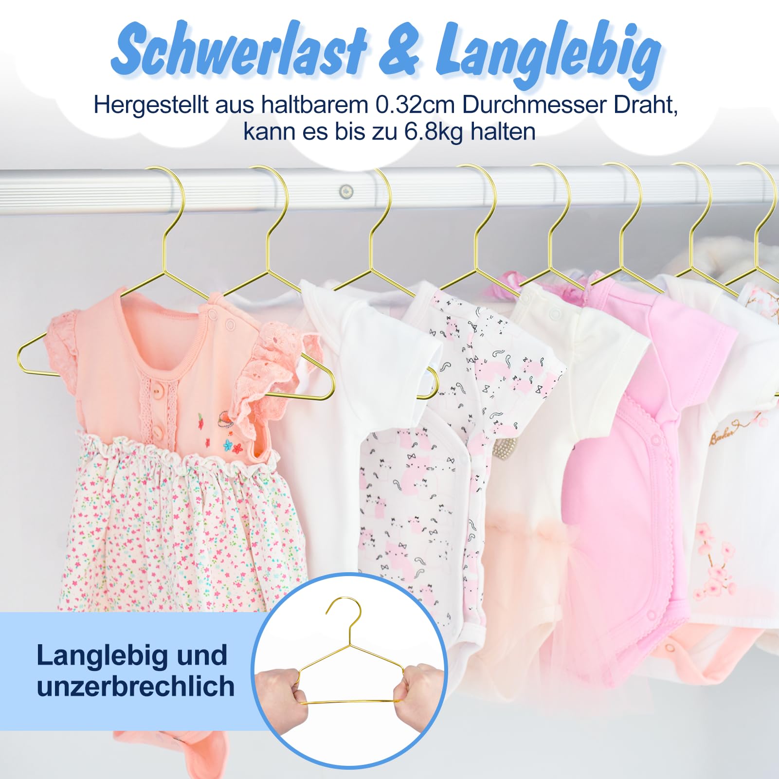 SPECILITE Kinder/Baby Metall Kleiderbügel, Gold 30 Stück(30 cm Breit), Stabile Bügel Metalldraht, für Babykleidung, Kleiderschrank, Garderobe, Platzsparend, mit Einkerbung