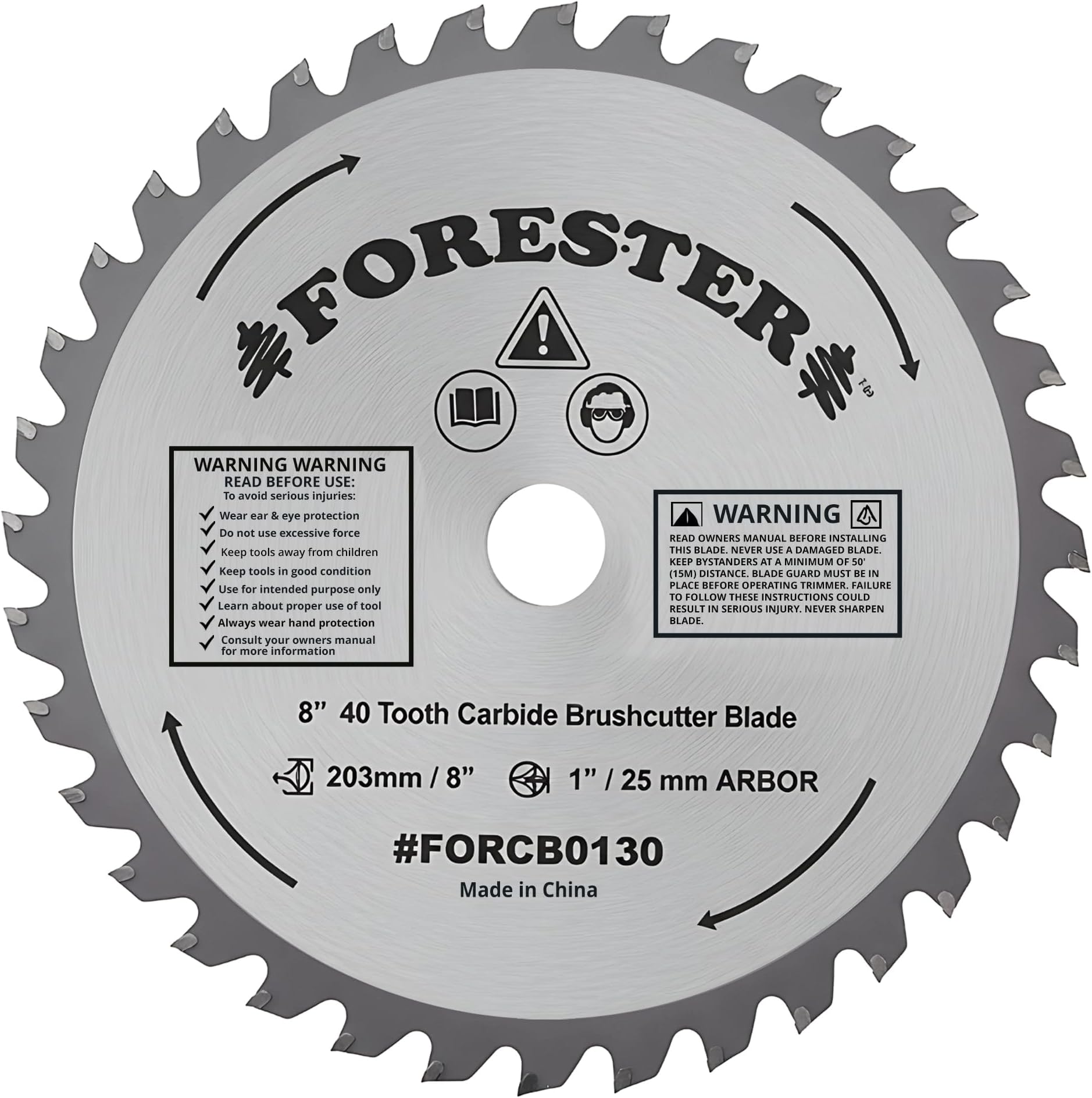 FORESTER Carbide Tip Brush Cutter Blade - 8in x 40 Teeth | Fits Most Straight Shaft Trimmers | Conversion Kit Sold Separately