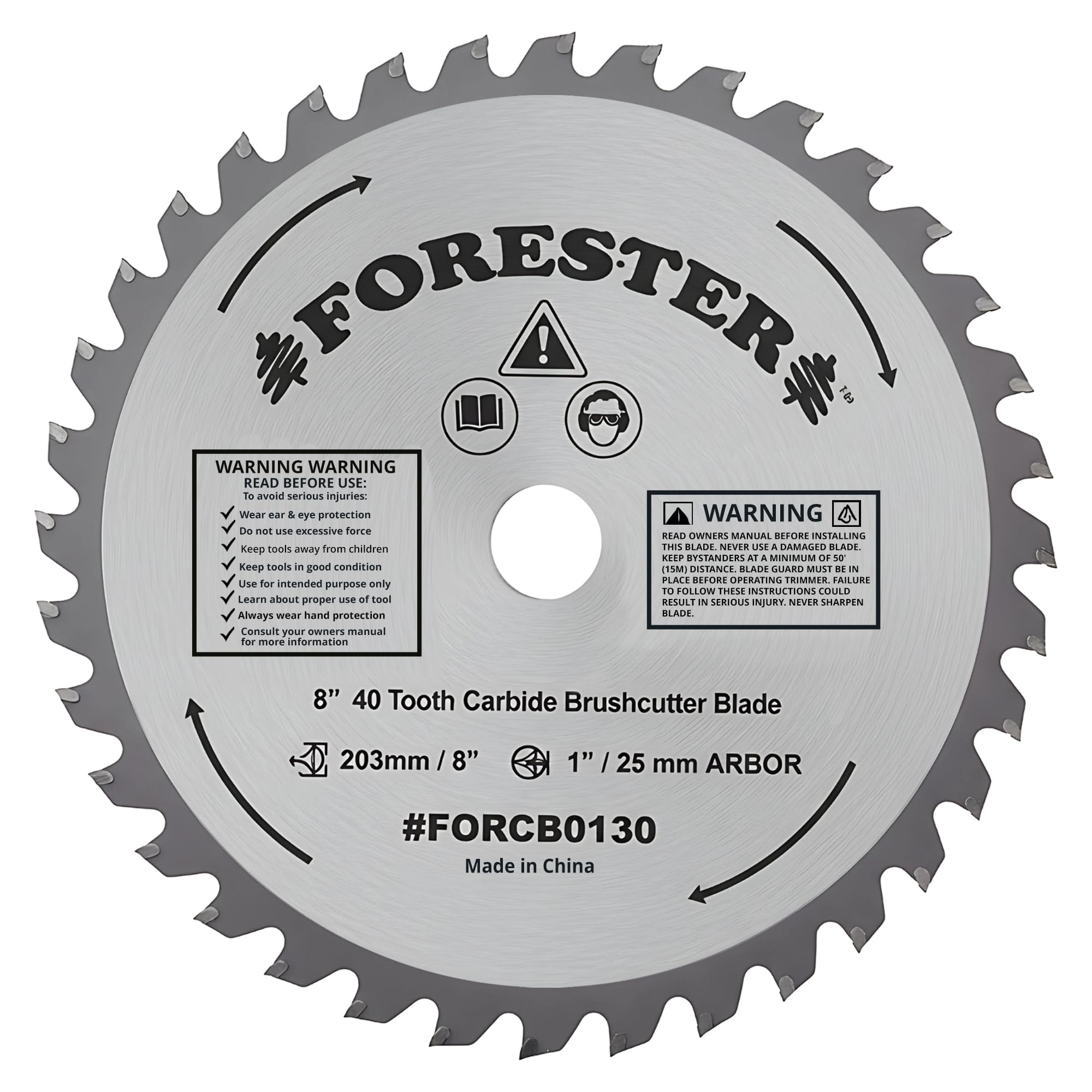 FORESTER Carbide Tip Brush Cutter Blade - 8in x 40 Teeth | Fits Most Straight Shaft Trimmers | Conversion Kit Sold Separately