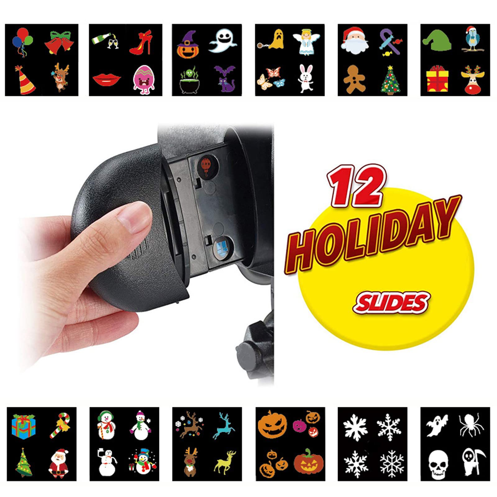 Lumières de projecteur de Noël d'Halloween en plein air, 12 modèles de diapositives HD Lumières de projection étanches IP65 pour les décorations de fête d'anniversaire de Noël (taille: réglementation