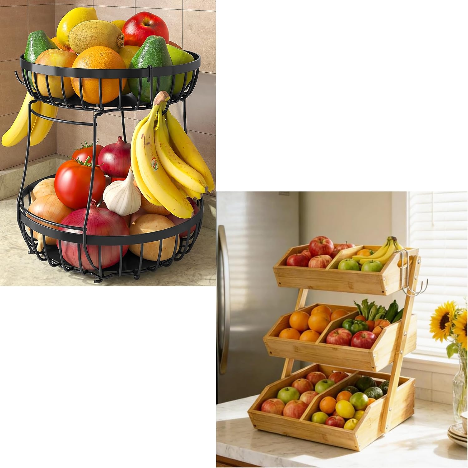 3 Tier Wooden Fruit Basket with 2 Mobile Banana Holders, 2 Tier Large Fruit Bowl for Kitchen Counter