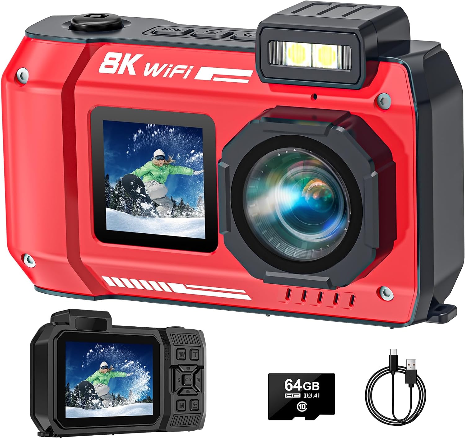 UHD 8K Underwater Camera, 70MP 33FT WiFi Waterproof Digital Camera with 64GB Card, Auto Focus Waterproof Dual-Screen Selfie 2500mAh Battery, 18X Floatable Digital for Snorkeling,Red