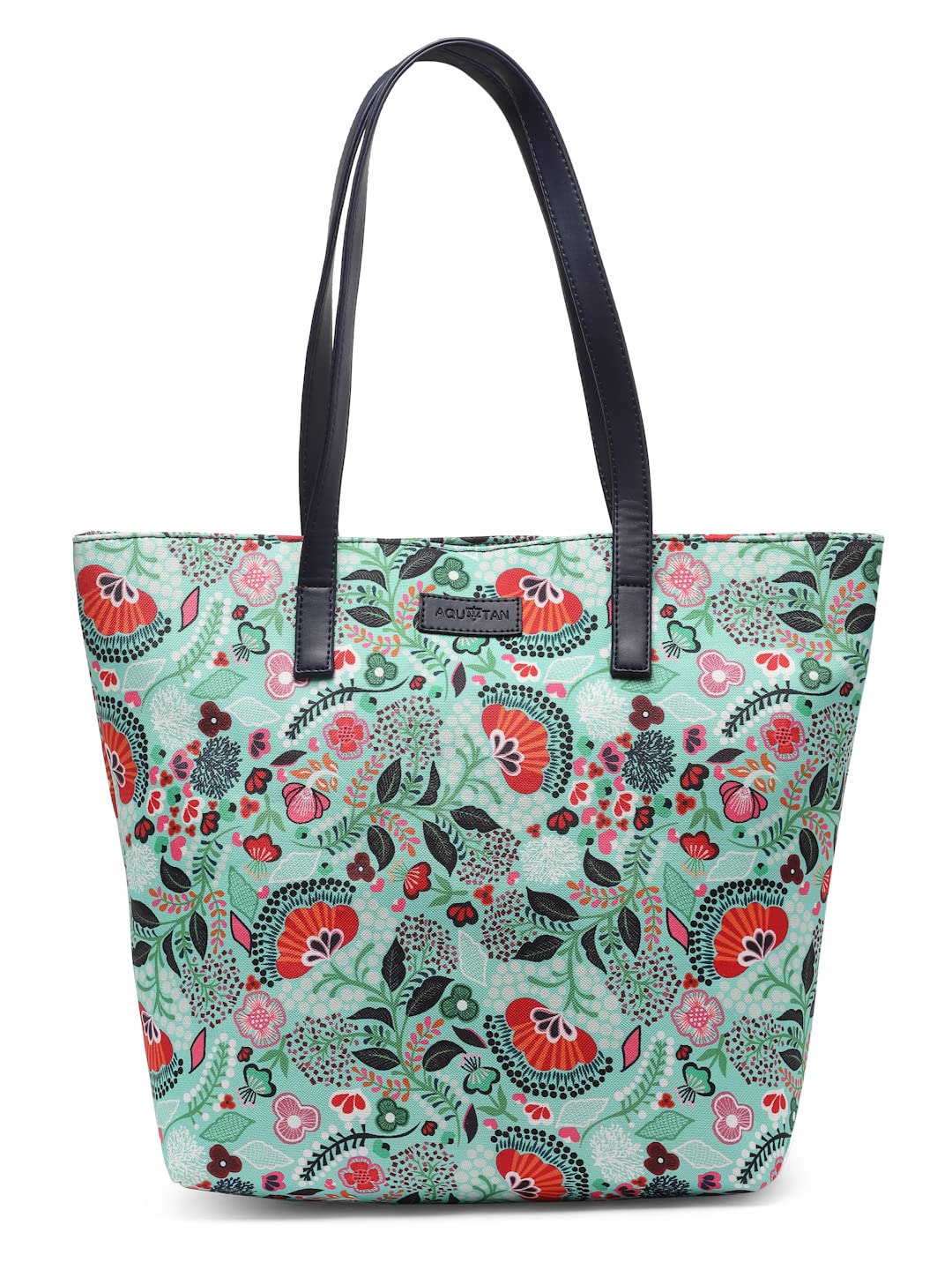 Aquatan Vegan Leather PU Tote Bag for Women Spacious, Stylish, Sturdy PU Material Handbag Zippered Compartment, Office and Travel Friendly for Girls (Printed Green)