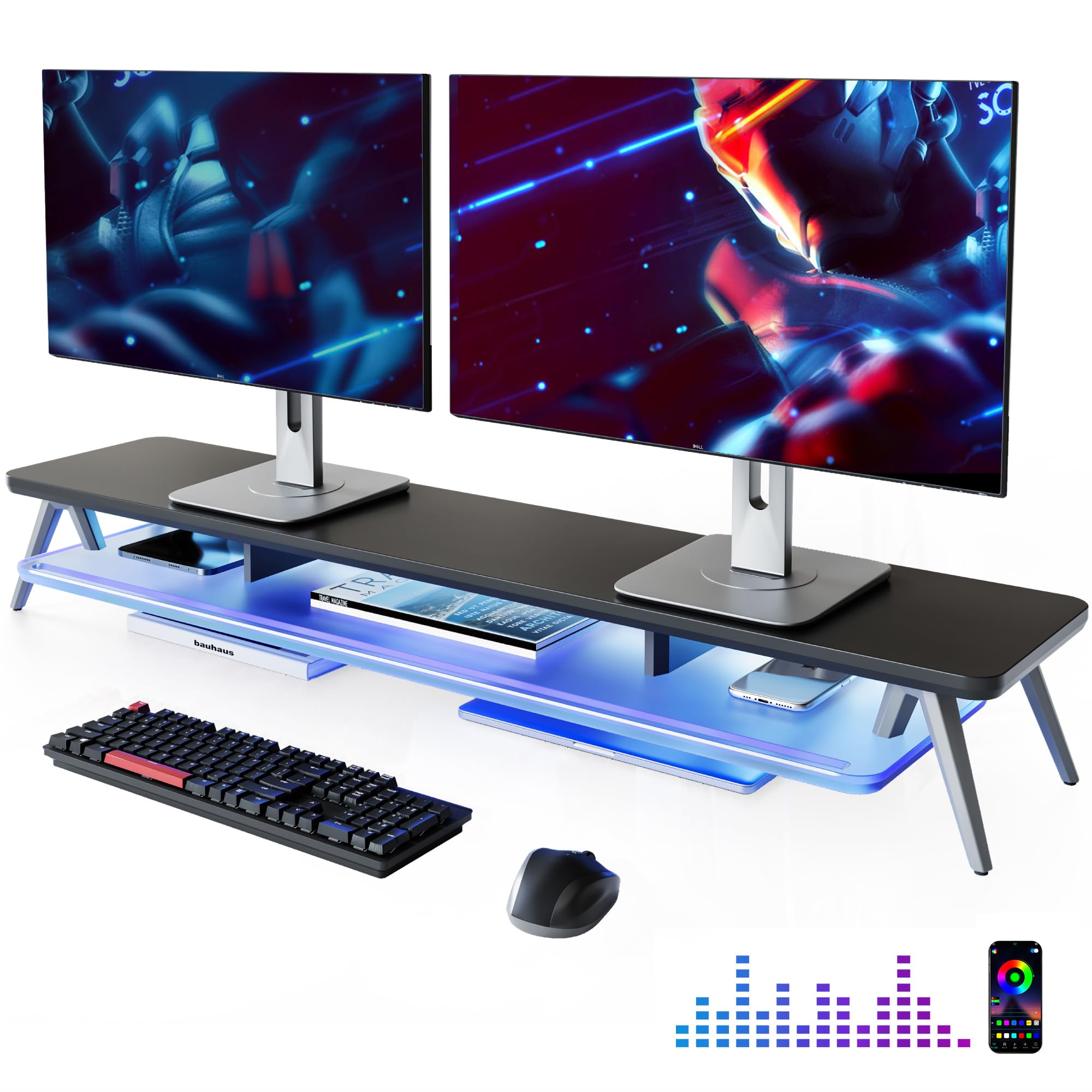 Support de moniteur acrylique avec LED et étagère à 2 niveaux pour ordinateur