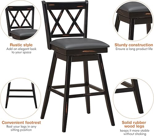 Miniatura 8 de COSTWAY Juego de 2 taburetes de bar giratorios de 360  de altura de barra de 29.5 pulgadas con cojín tapizado y respaldo ergonómico, marco