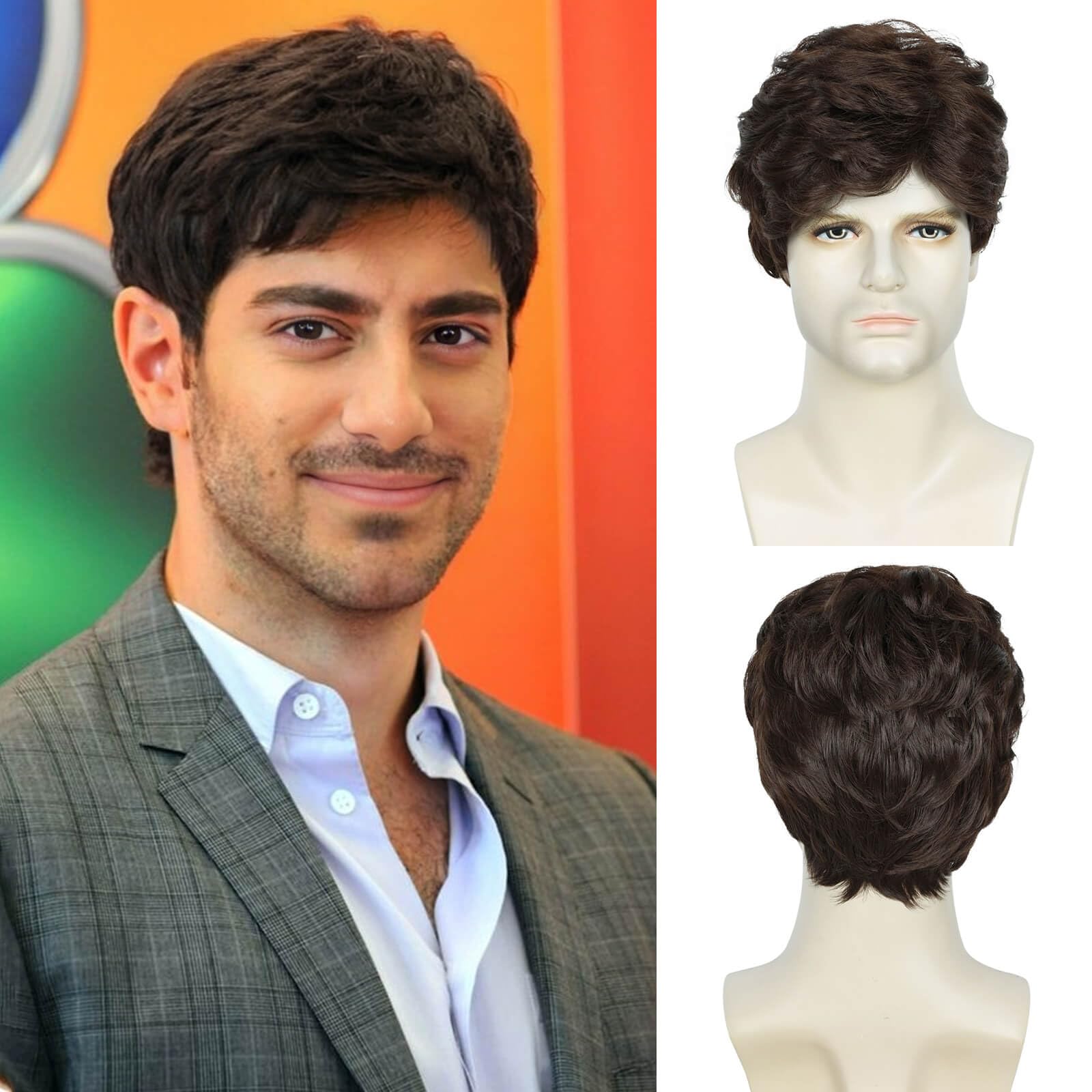 Creamily Mens Short Brown Wigs Short Hair Wig Mens Wigs Short Straight Hair Wig Synthetic Hair Full Wig, Brown-1, 22 inches