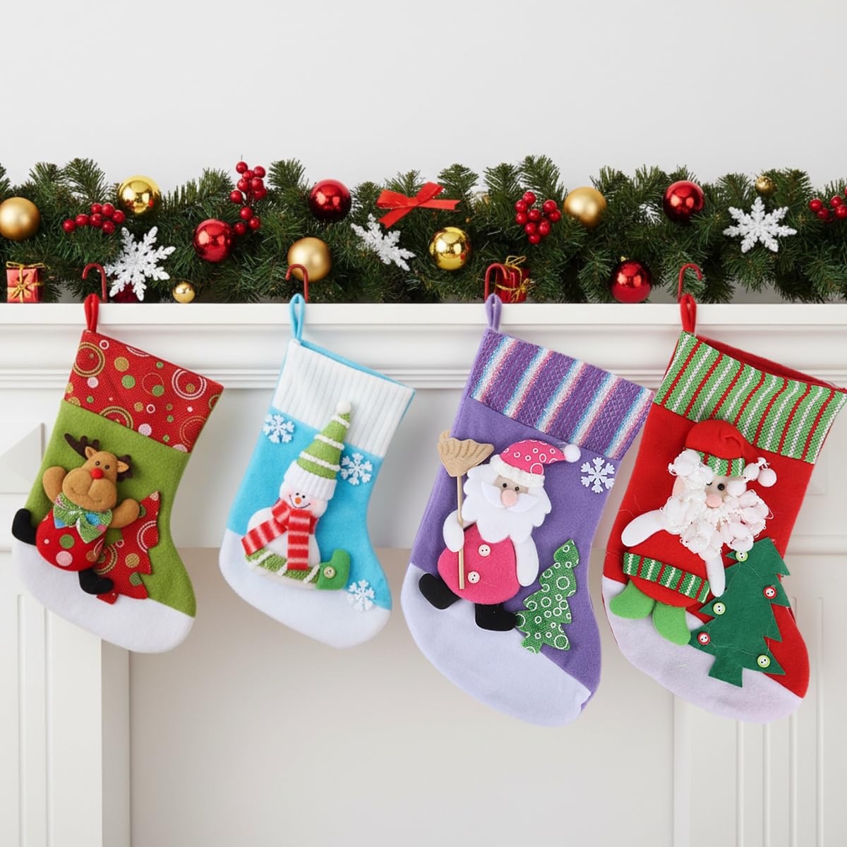 HASTHIP® 4Pcs Christmas Stockings, Classic Festive Goodie Stockings Gift Holders Santa Claus Festive Holiday Stockings for Fireplace Mantel, Xmas Party Decorations Room Decor-image-5