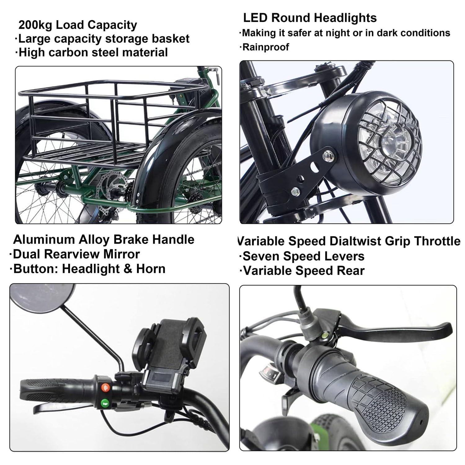 Elektryczny rower trójkołowy dla dorosłych, opony fatbike 24", do użytku w terenie, wspomagany elektrycznie, nośność 200 kg, kosz na bagaż, niebieski, do codziennego użytku i transportu zakupów