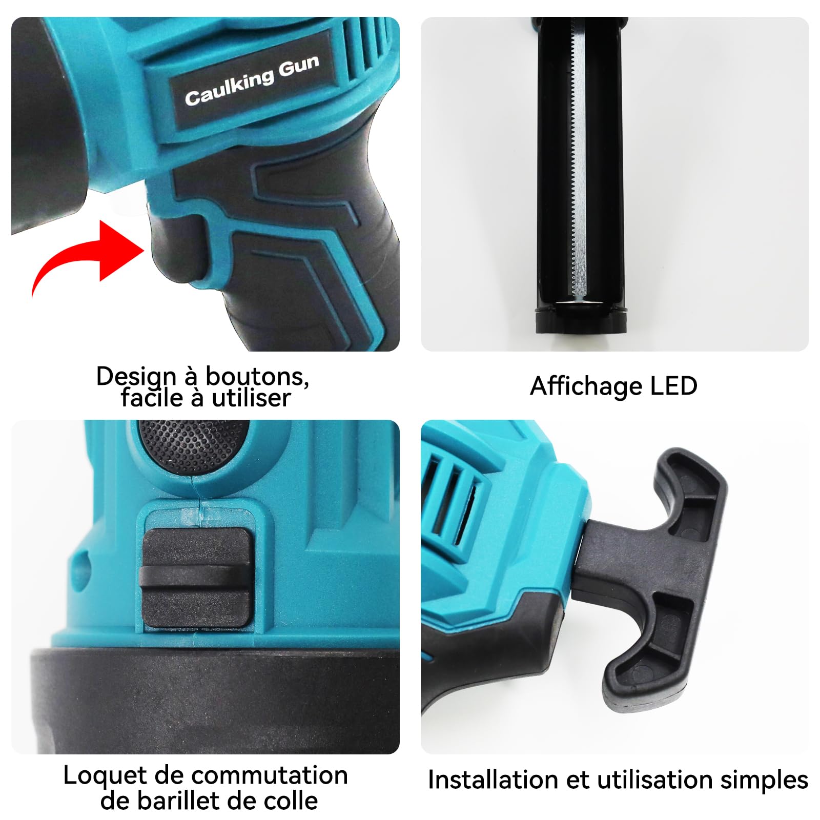 Pistolet à cartouche électrique rechargeable 300ml Compatible avec Makita 18V – Pistolet à silicone électrique avec 4 vitesses et éclairage LED, presse à cartouche pour sceller et mastic (sans