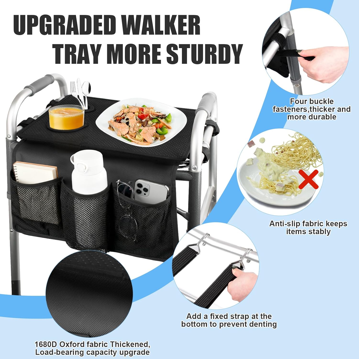 walker tray for folding walker - trays for walkers for seniors with non-slip multiple front pockets & cup holders, walker accessories for elderly walker basket fits most standard rolling walker