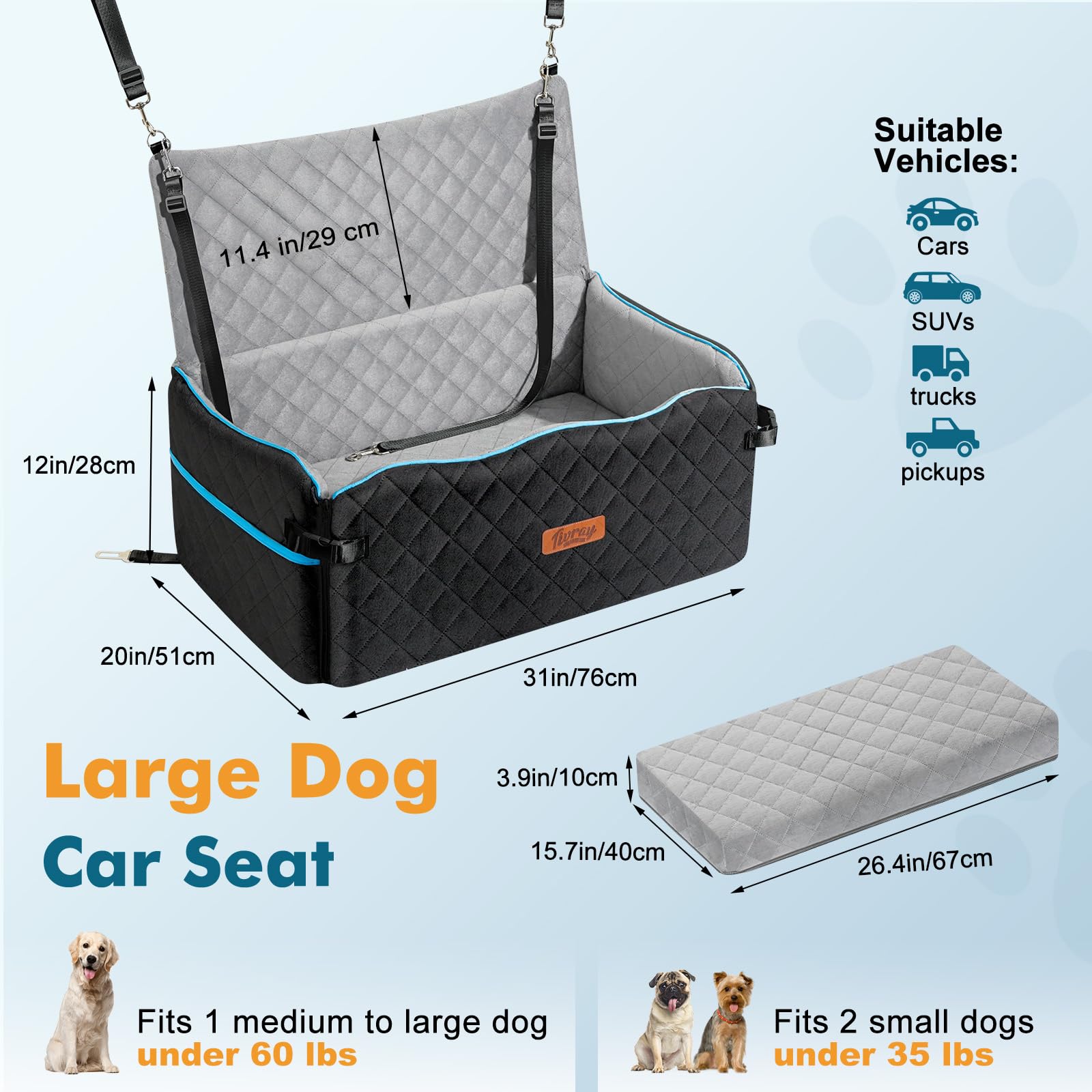 Hundesitz für Auto, Hundebett für große Hunde bis 27 kg oder 2 kleine Hunde, komfortabler Autositz mit Stützschaum-Polster, abnehmbar & waschbar, Rückbanksitz für Haustiere, Schwarz+Grau
