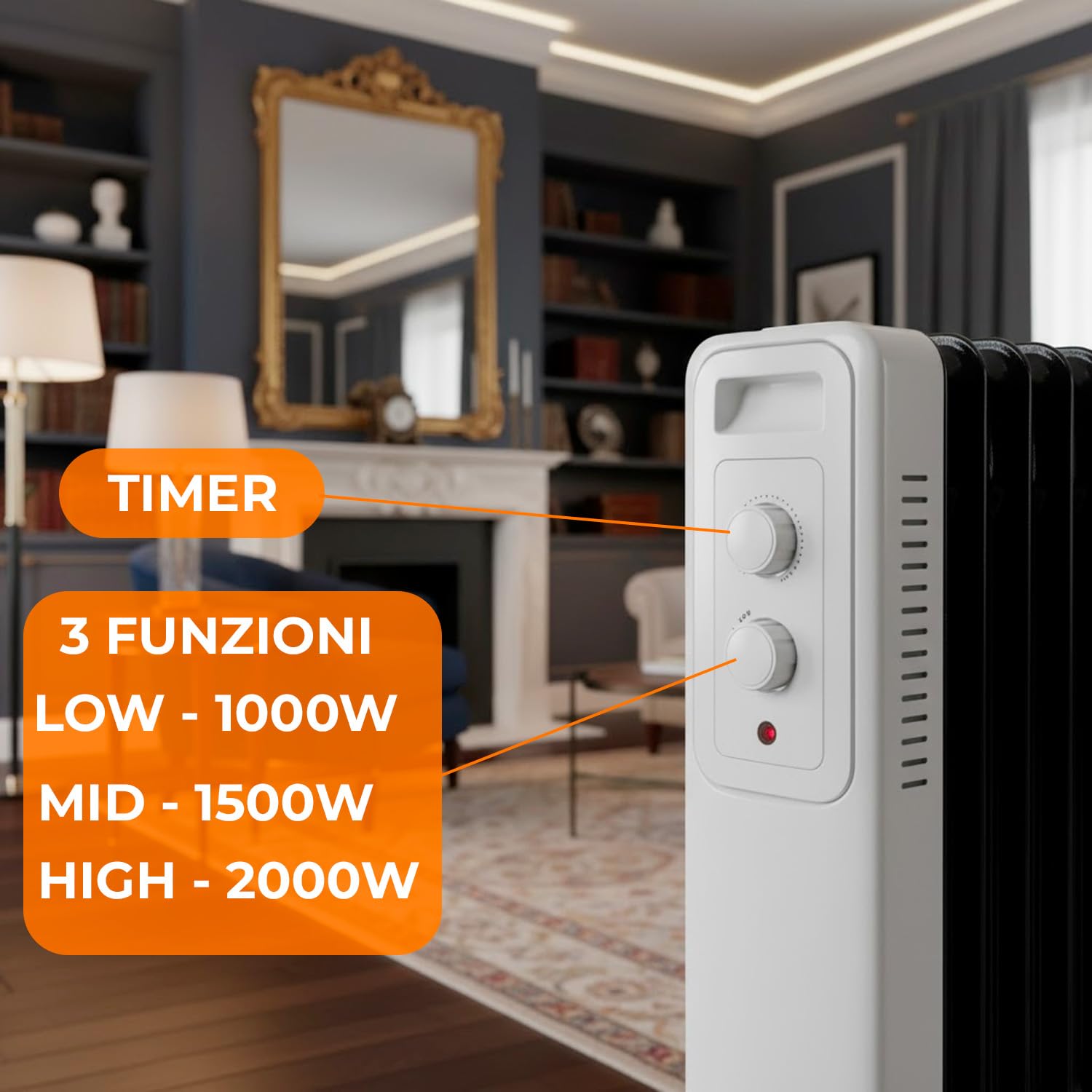 BRICOZONE Radiatore A Olio 2500W Con Tredici Elementi Termici Tre Livelli Di Riscaldamento Termostato Regolabile Protezione Anti Surriscaldamento Ruote Scorrevoli Avvolgicavo Integrato Per Casa