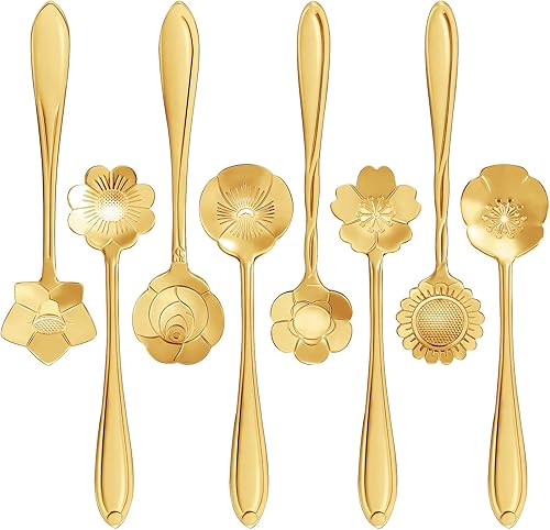 Maitys Juego de 16 cucharas de café con flores de acero inoxidable, para postre, azúcar, helado, cucharas de té, para cocina, café o bar (dorado)