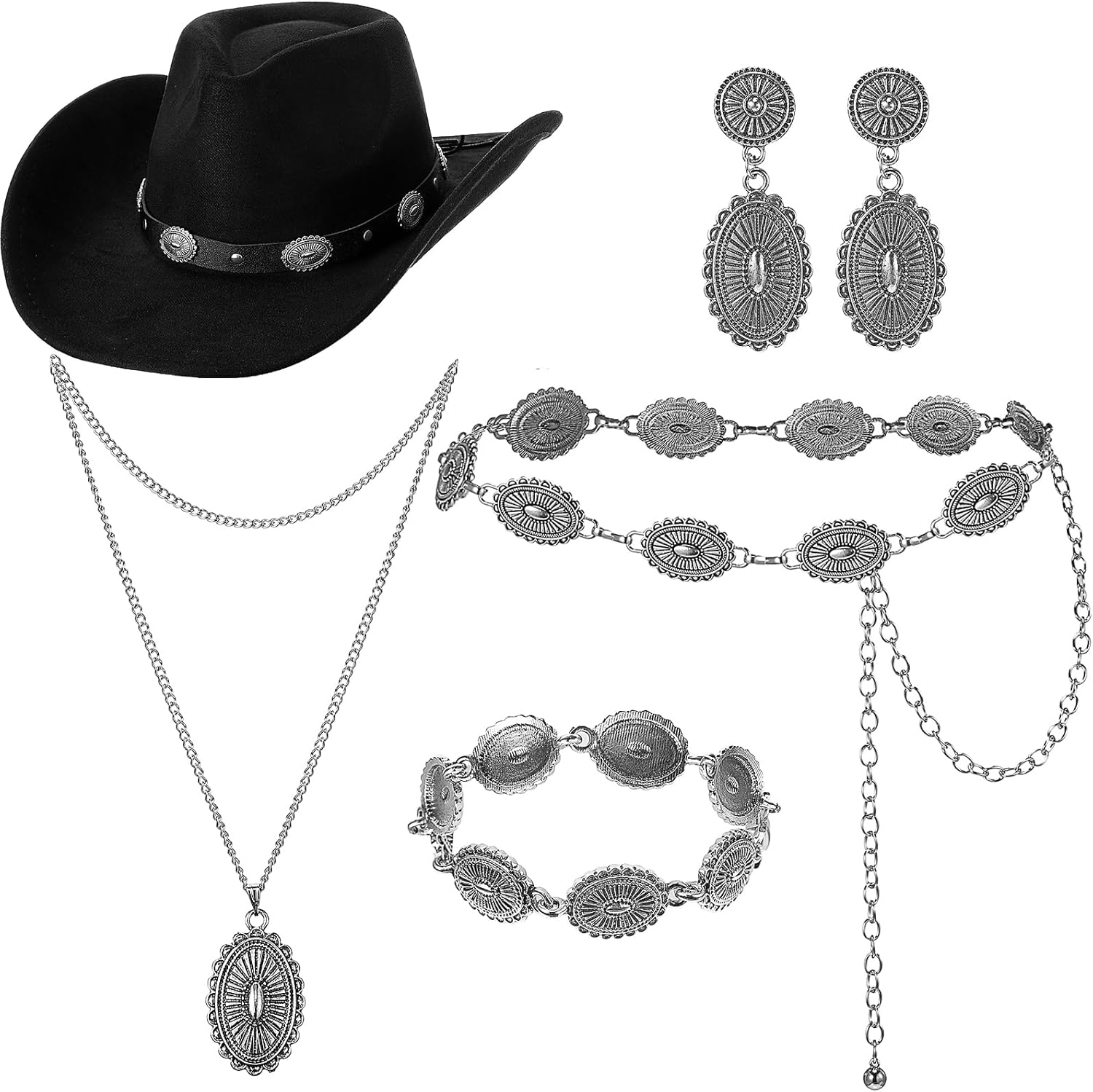 5 Pcs Classic Western Jewelry Set Cowboy Hat Western Belt Suede Hat Vintage Necklace Pendant Earrings Bracelet