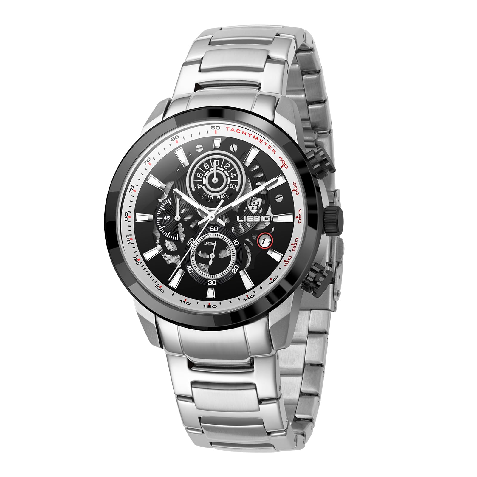 Liebig Stainless Steel Quartz Watch, Men Watches Analog Quartz Watch for Gentleman Business Waterproof Stainless Steel Classics Watch Day and Date, Black Dial Silver Band, L8005SIBKWT (B0D9GDQTVM) Amazon Price History, Amazon Price Tracker