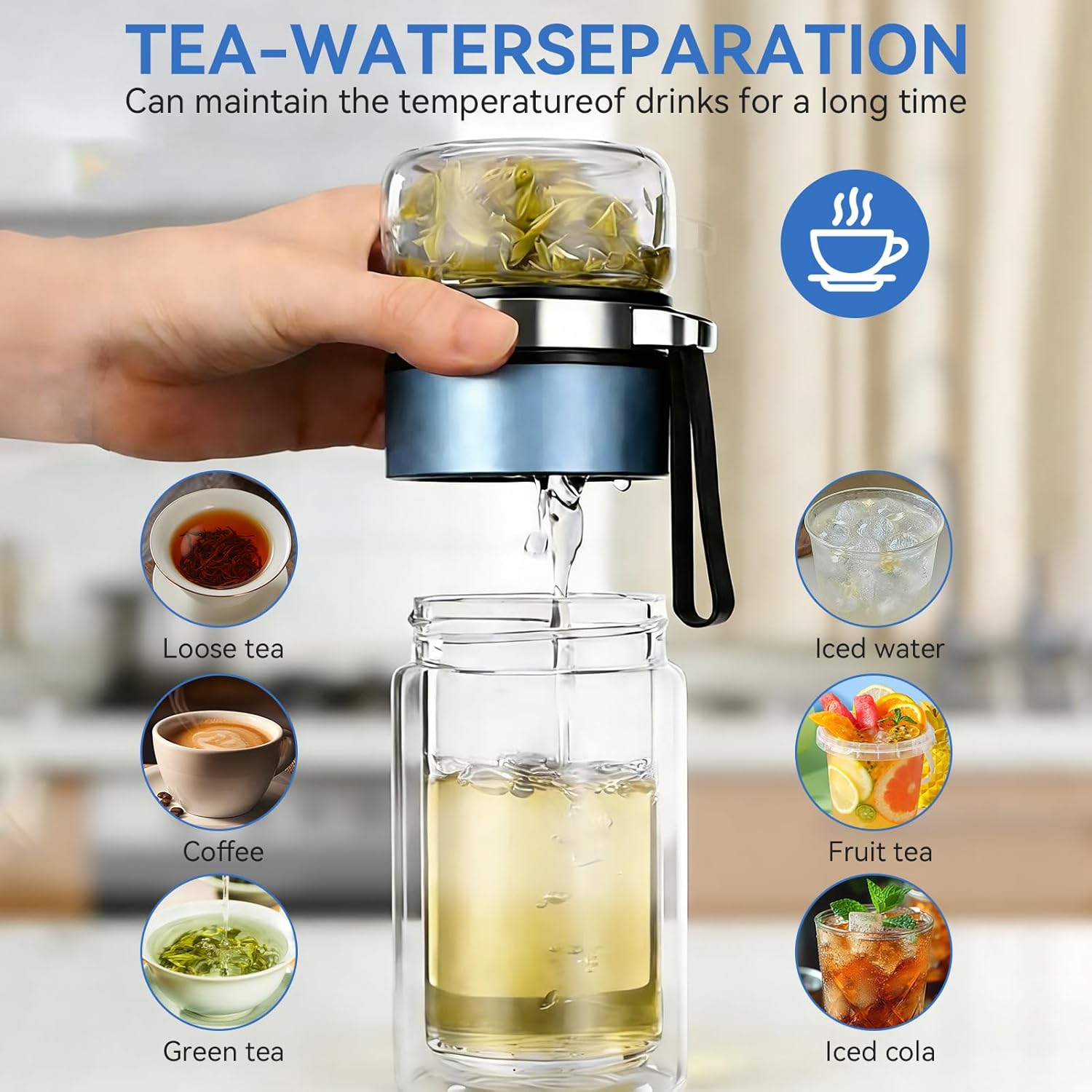 Glass Tea Infuser Bottle, Double Wall Portable Tumbler Mug Travel Tumbler Mug Men Tea Infuser Water Bottle (Blue) - Image 6