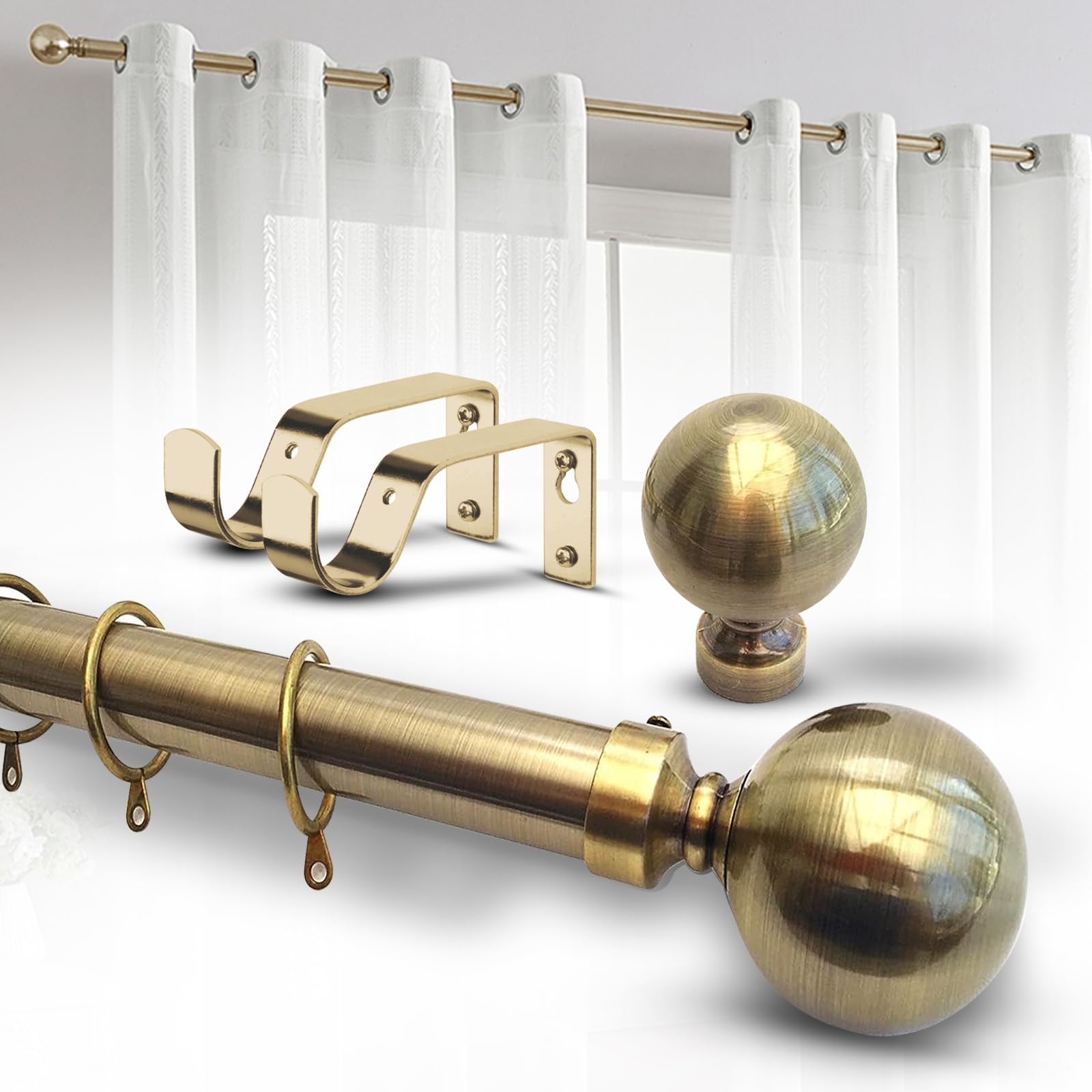 Imperial Rooms Plain Metal Ball Curtain Poles Metal Extendable - Includes Curtain Rod, 60mm Size Finials, Rings, Brackets & Fittings Set (Antique Brass, 70-120 Cm, 28 Inches to 48 Inches) โ image 1