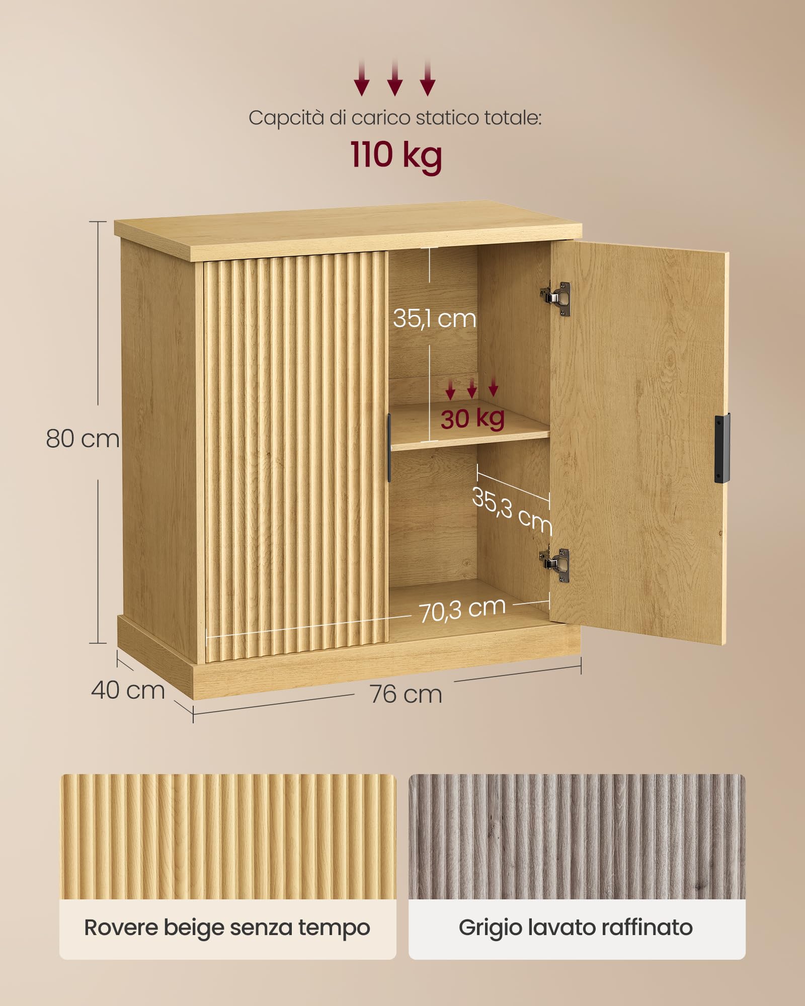 VASAGLE MAXE Collezione - Credenza, Mobile Console, Madia con Ripiani Regolabili, Ante Scanellate, Stile Transizionale, Dispensa Cucina Sala da Pranzo, Beige Rovere BBK344Y01