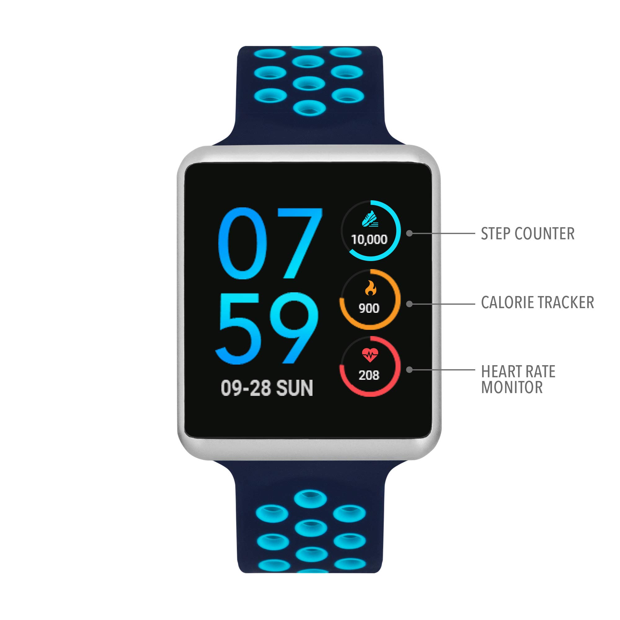 iTouch Air Special Edition Smartwatch Heart Rate Monitor, Blood Oxygen Monitor, Pedometer, for Android and iOS Smart Phones - Perforated Silicone Strap Navy/Turquoise, 45mm (Medium/Large)