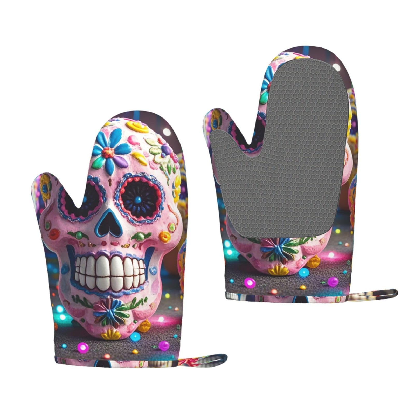 Oven Mitts Sets of 2 Heat Resistant Kitchen Gloves Sugar Skulls Oven Mitts BBQ Oven Gloves Non-Slip Silicone Oven Mitts Waterproof Cooking Safety Gloves for Kitchen Baking Cooking
