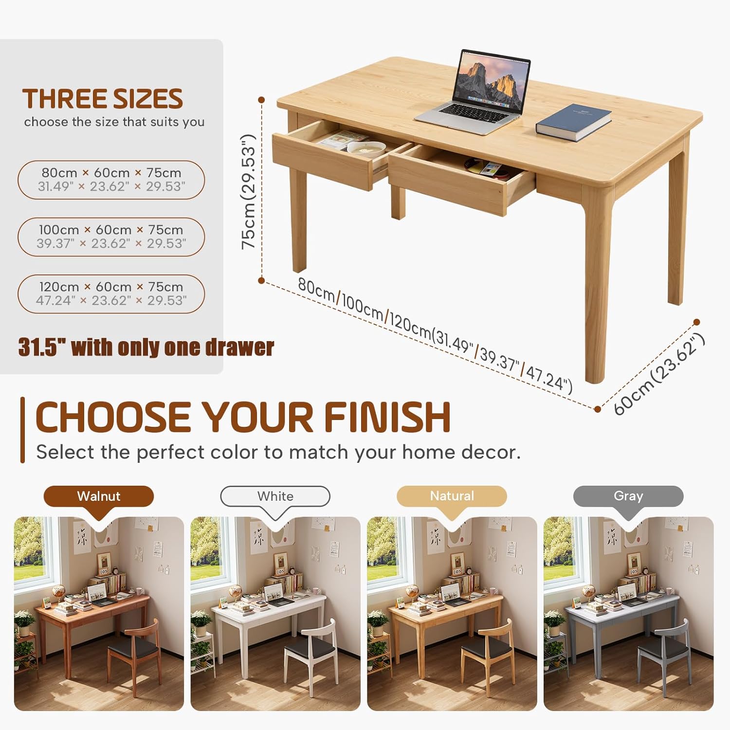 Solid Wood Desk with Drawer, Gaming Study Home Office Desks for Work, Vintage Computer Table for Small Spaces, Living Room, Bedroom, Easy to Assemble (Walnut, 39.4inch)