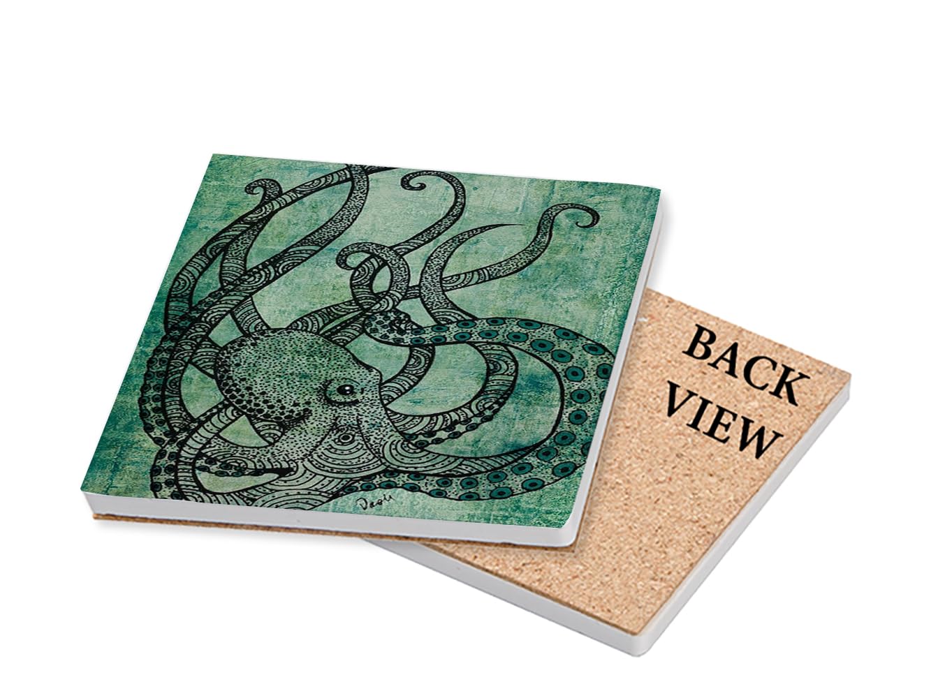Beautiful Green Octopus Art Painting Porcelain, Drinks Coffee-Tea Coaster. (Square Ceramic Coaster)